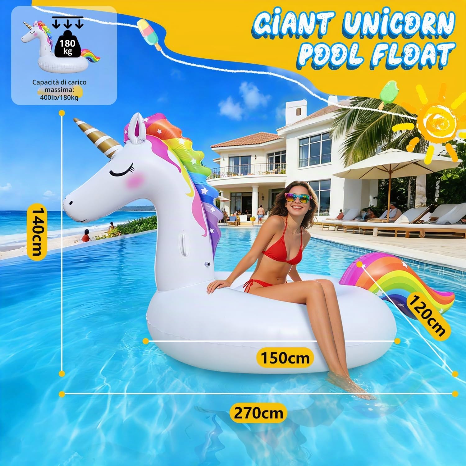 Enorme Unicorno Gonfiabile - Piscina Galleggiante - Giocattoli Gonfiabili - Unicorno & Bambino Galleggiante E Sedia per sport acquatici