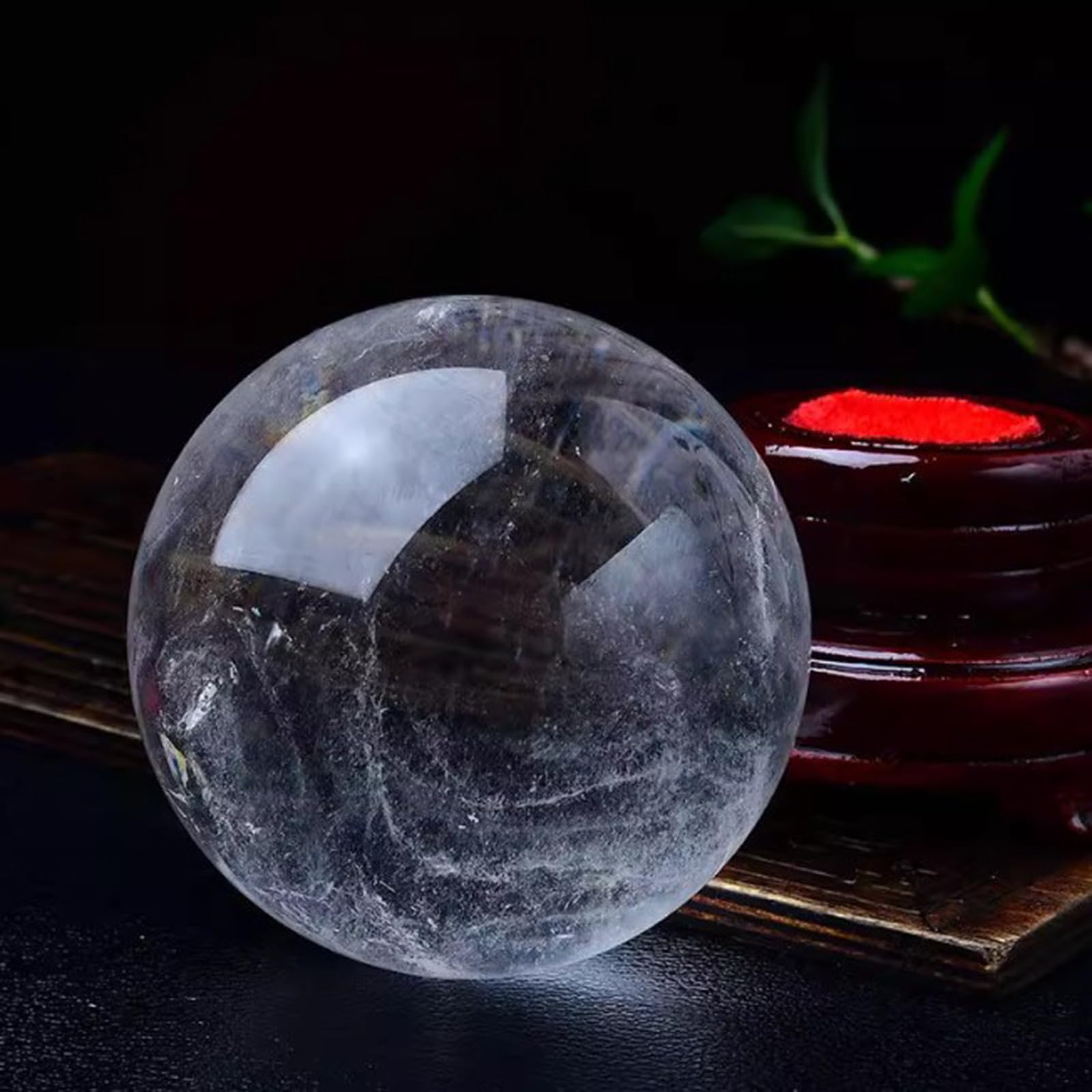 Quarzo Trasparente Naturale con Supporto in Legno, Sfera di Cristallo per divinazione e Meditazione, Scultura in Pietra di Cristallo Feng Shui per Decorazione di casa e Ufficio,4cm