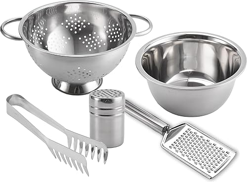 Juego de 5 piezas de pasta de acero inoxidable  Cuenco para mezclar, colador, rallador, pinzas, dispensador de especias, duradero y apto para