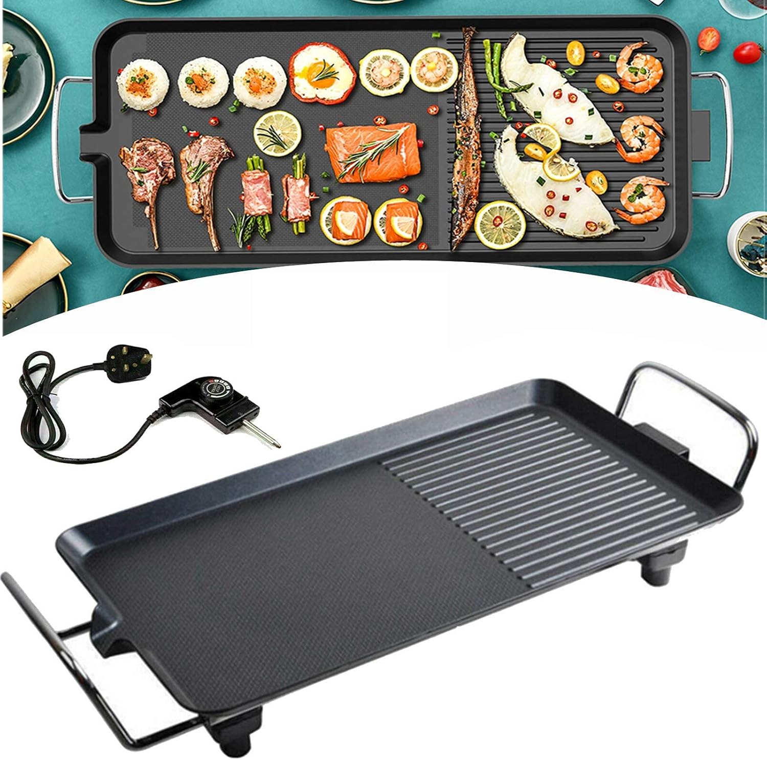 Large Rectangle Table Electric Teppanyaki Grill, 1500W BBQ Barbecue Griddle Hot Plate Non-Stick Coating and Speedy Heat up Deskcooking for Family Gathedinner Party Indoor or O