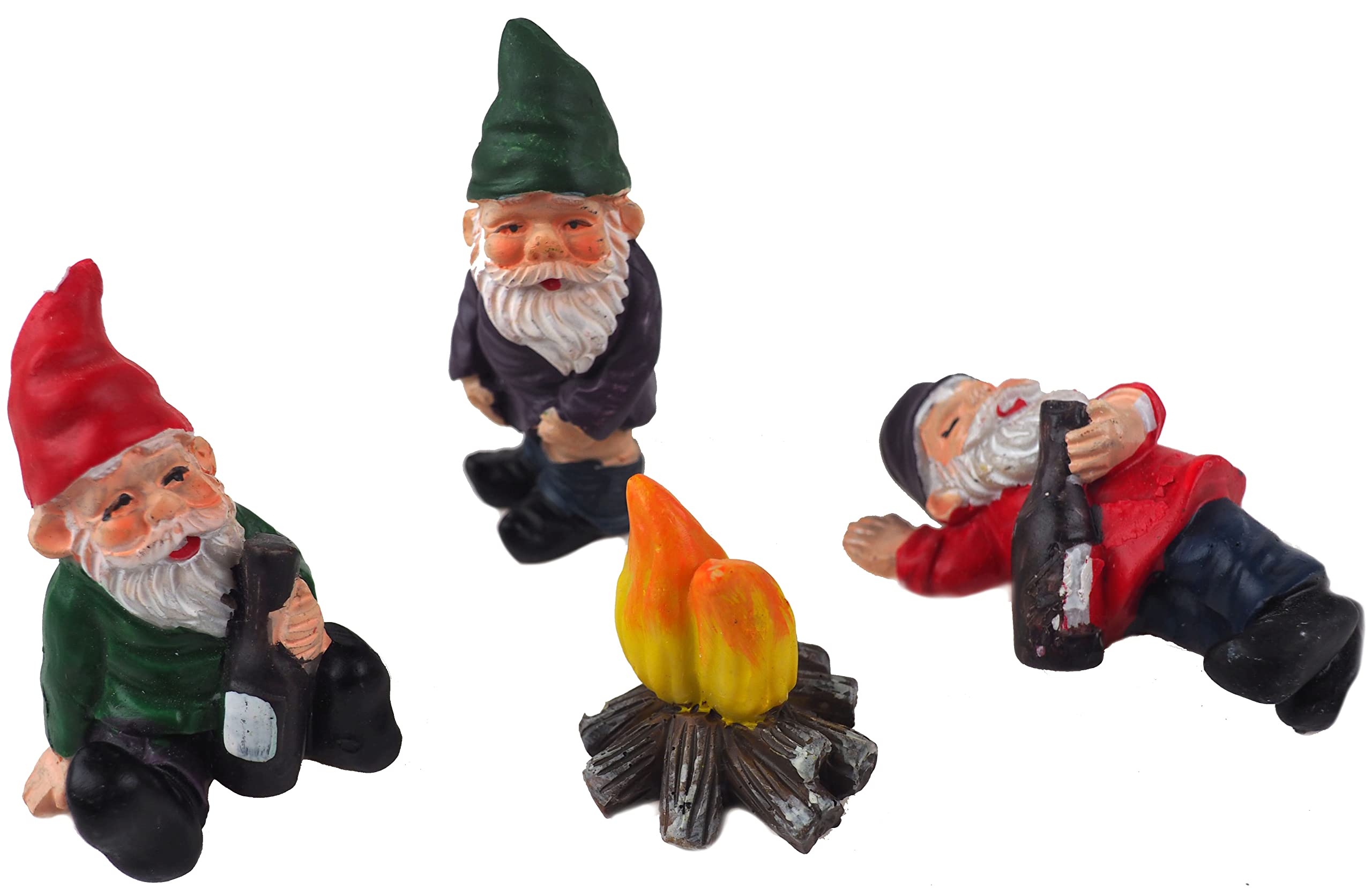 Exciting Secret Fairy Drunk Gnomes Set With Camp Fire - (4-Piece Set) - Whimsical & Unique Garden Décor - Perfect for Outdoor Parties & Gift for Garden Lovers
