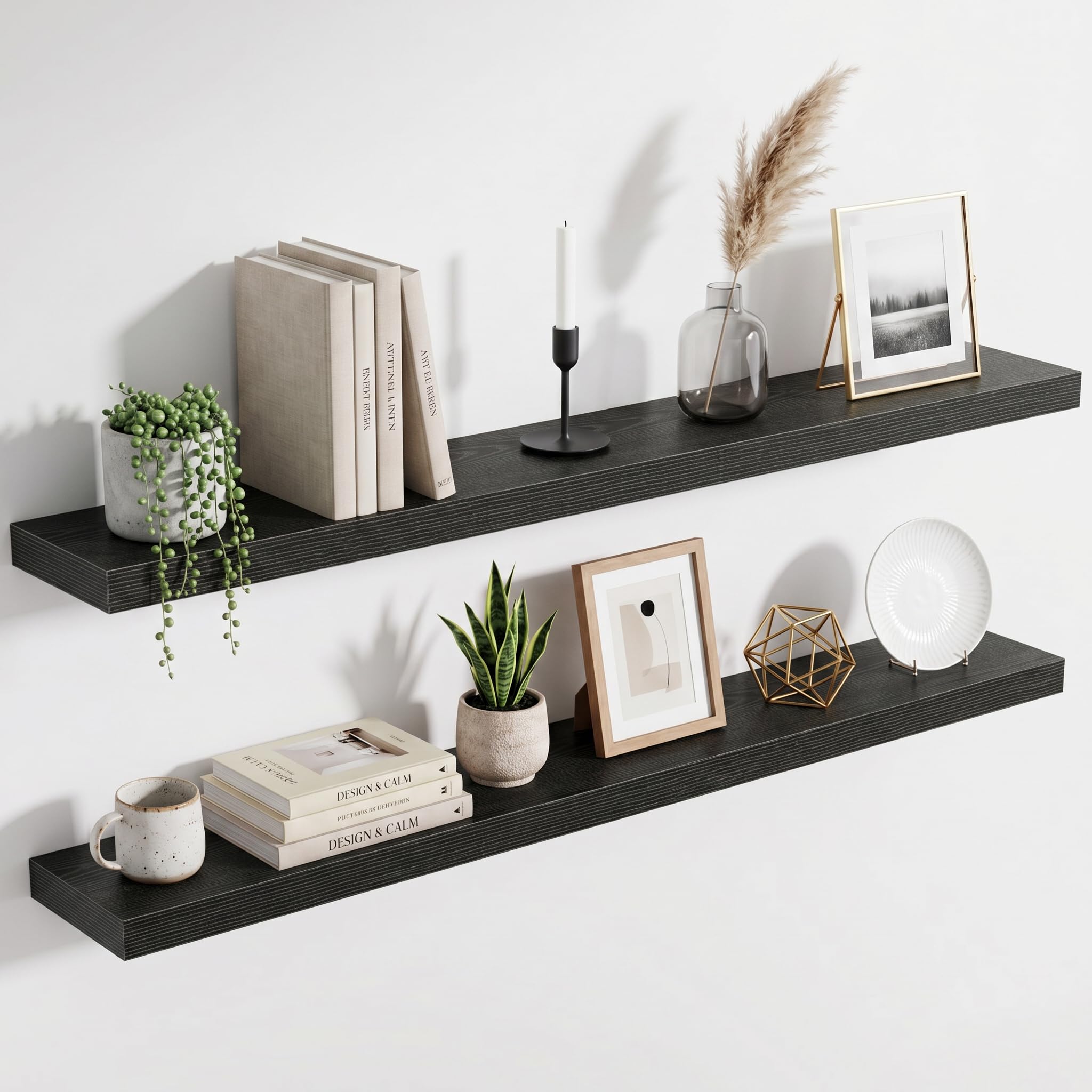 Acovy Floating Shelves for Wall, Extra Thick 120cm Long Wooden Wall Mounted Shelf, Wall Shelves for Living Room Bathroom Bedroom Kitchen, Black, Set of 2