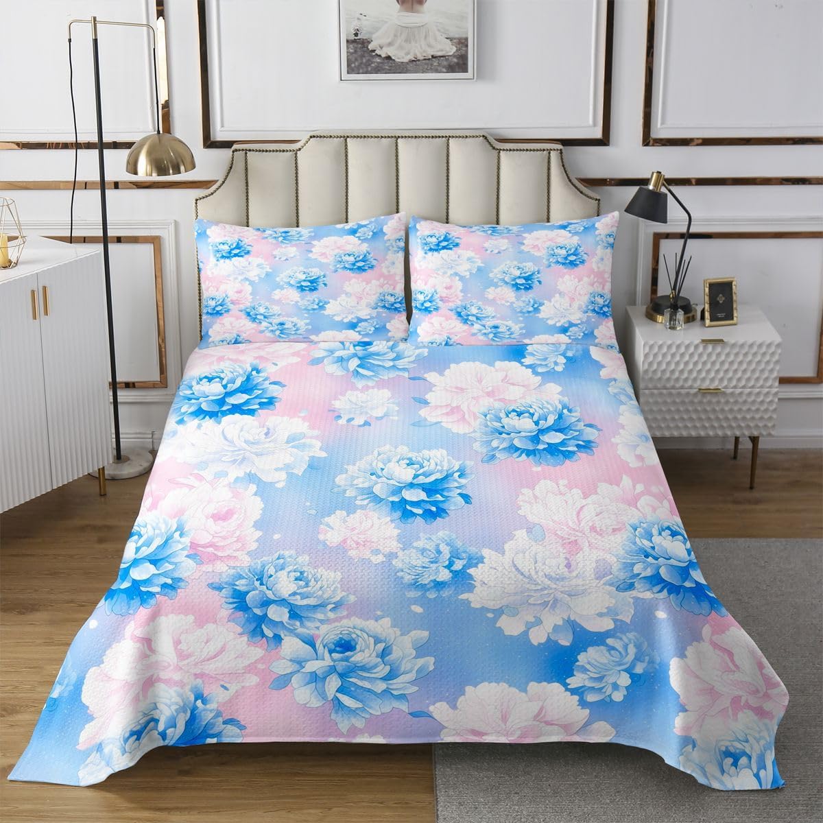 Erosebridal Pink Blue Peony Quilt Set Gradient Bohemian Flowers Queen Bedspread Set | Watercolor Floral Coverlet Sets Dreamy Garden Flower Quilted