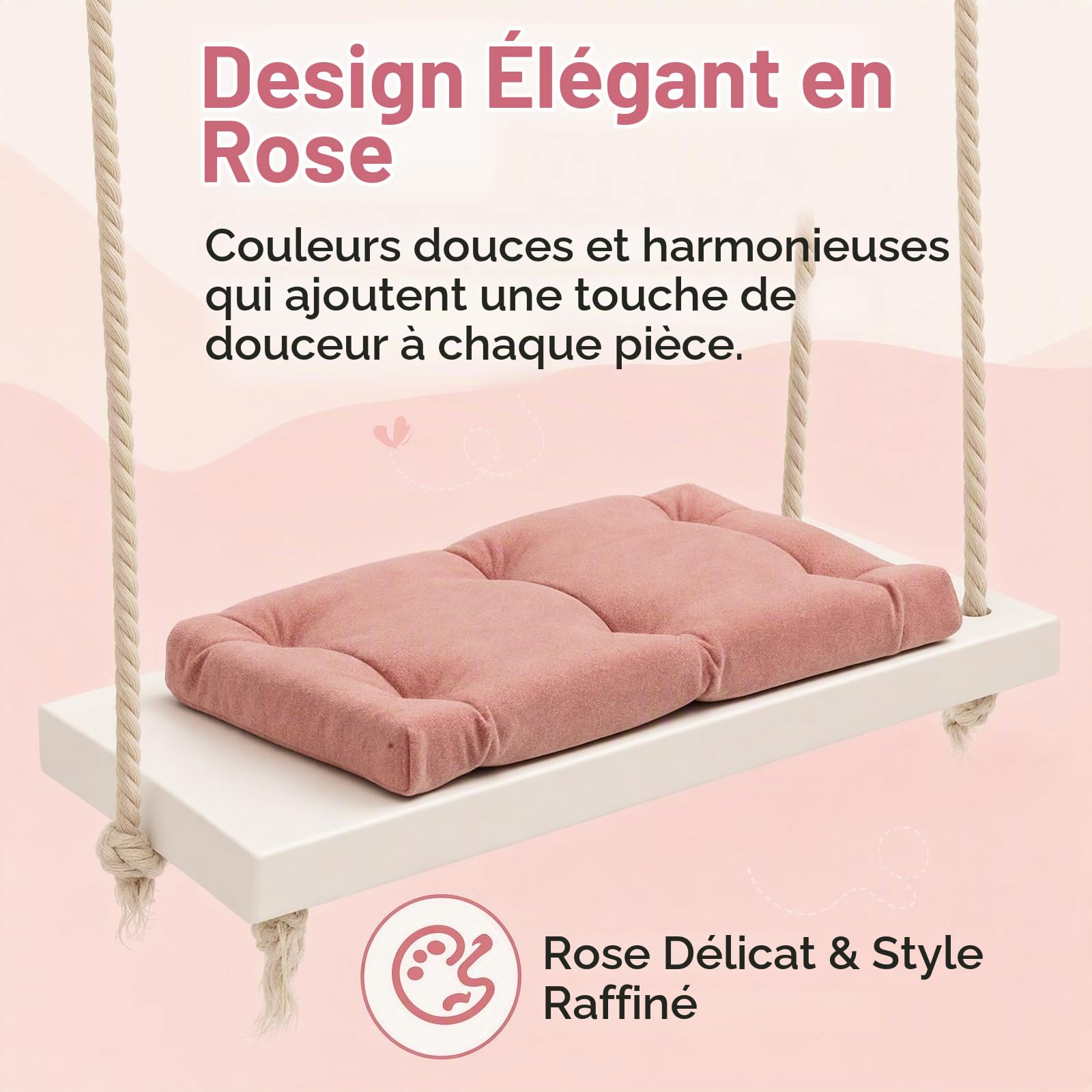 Fauteuil suspendu avec coussin épais - Balançoire en bois épais - Balançoire suspendue rose - Support intérieur/extérieur - Capacité 50 kg