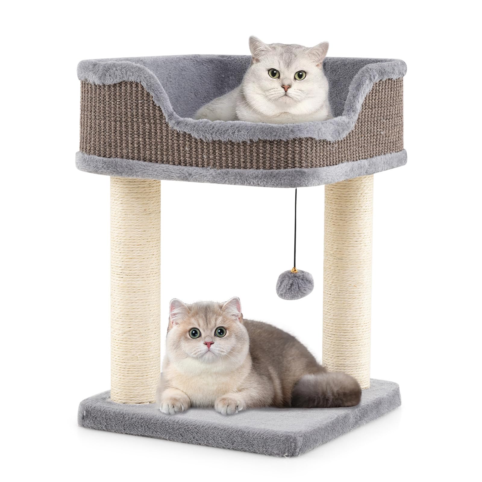 COSTWAY Albero per Gatti 38 x 38,5 x 51 cm, Tiragraffi per Gatti con Posatoio in Peluche, Pali Graffianti in Sisal e Palla Pendente, Centro Attività Moderno per Animali Domestici (Grigio)