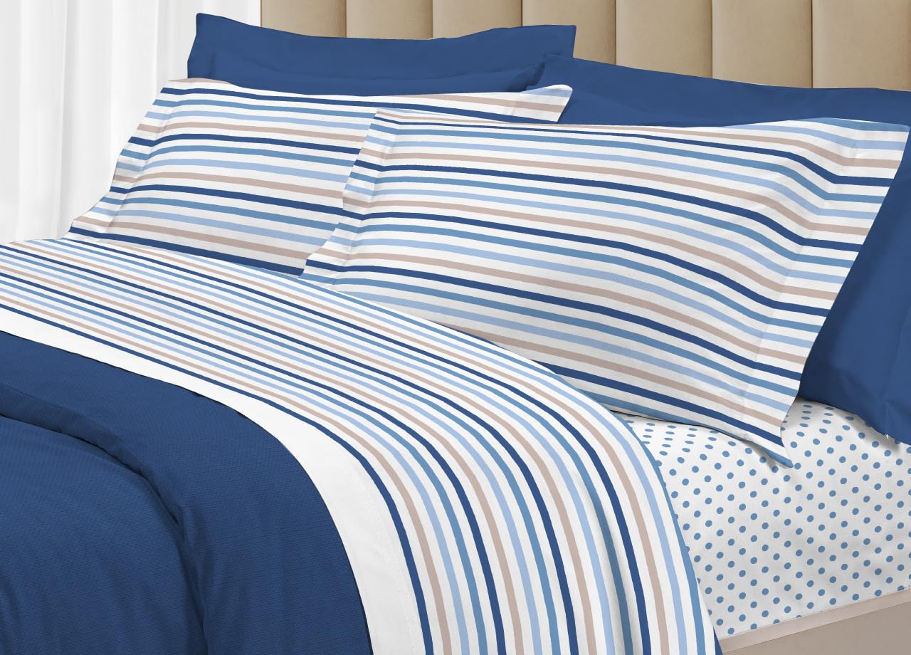 BIANCHERIAWEB Completo Lenzuola Letto 100% Cotone Italy 3027 Disegno Riga Dots Piazza E Mezza Blu