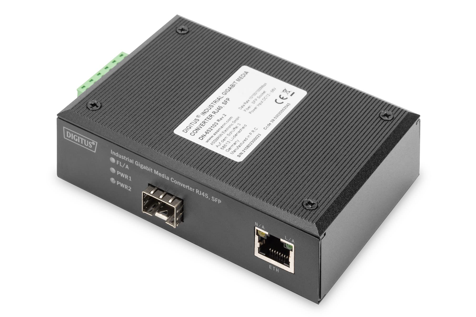 DIGITUS DIN-Rail Medienkonverter - SFP Port - Gbit Ethernet - RJ45 / SFP - 10/100/1000BaseTX zu 1000Base-X - Schwarz