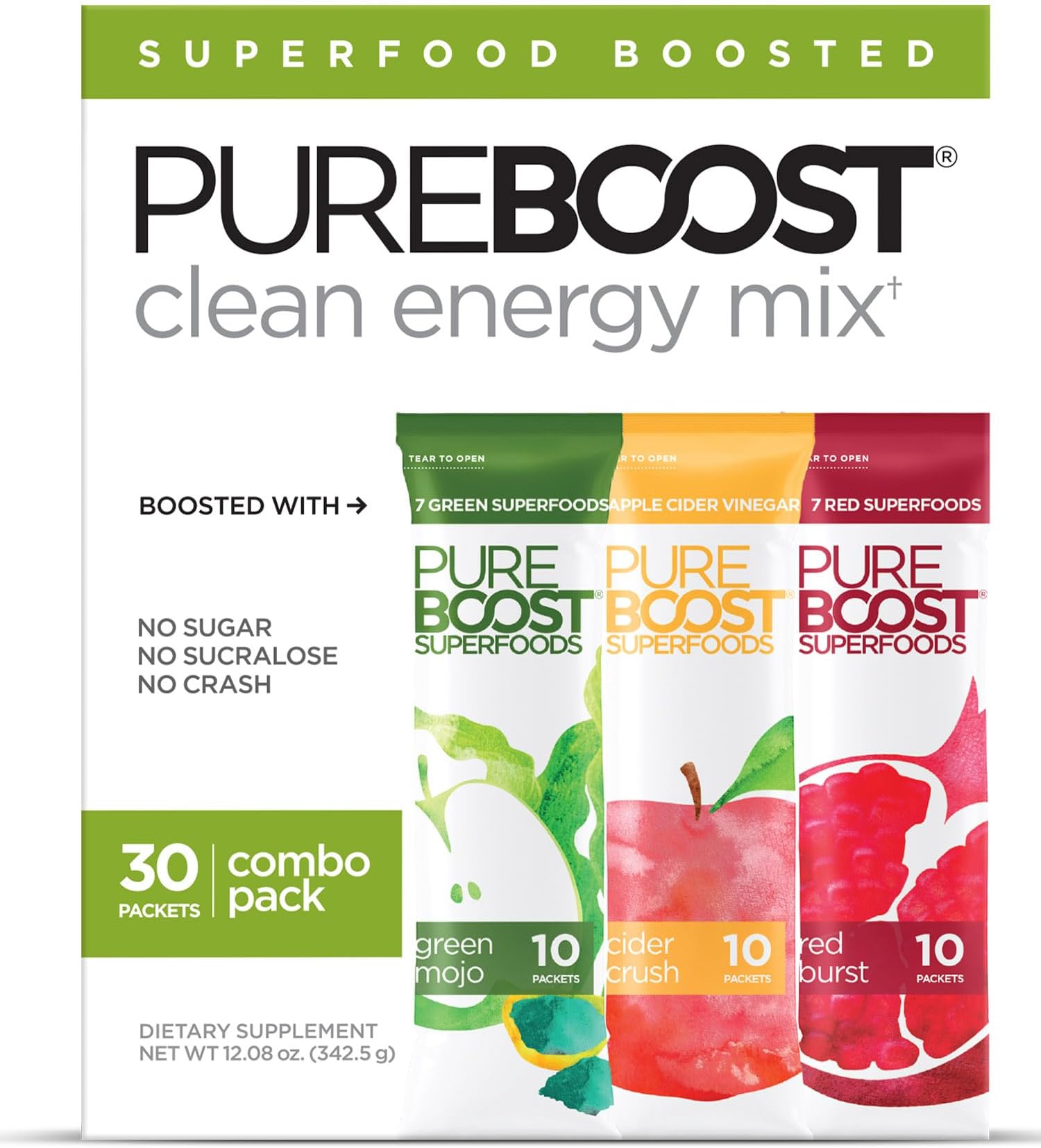Sugar-Free Superfoods Clean Energy Booster, Combo Pack 30 Count, Energy Drink Mix with Apple Cider Vinegar, 7 Organic Red or Green Superfoods, Electrolytes, No Sucralose