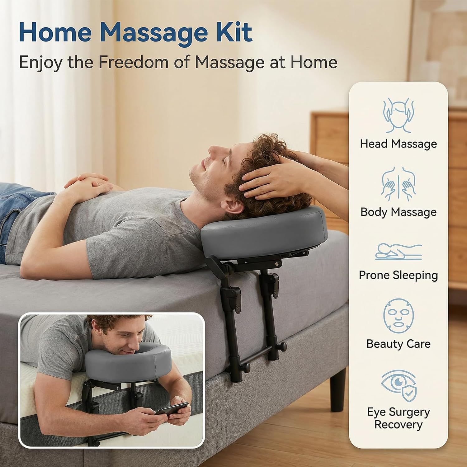 Massage Headrest for Bed with Face Pillow, Portable Home Mattress Top Massage Kit, Adjustable Height Face Cradle Mattress Massage Headrest for Salon, for After Eye Surgery Recovery