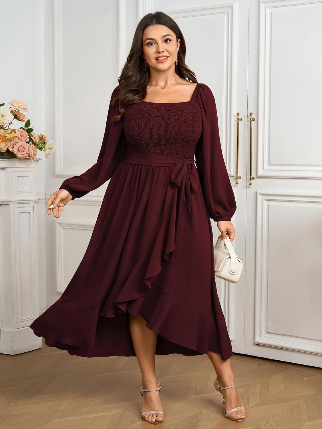 SCOMCHIC Women Plus Size Cocktail Dress Formal Long Sleeve Wedding Guest Smocked High Low Ruffle Dress with Belted - Image 2