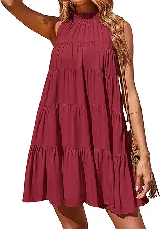 Okiwam Womens Summer Halter Dresses Sleeveless A Line Tiered Swing Mini 2025 Fall Casual Boho Beach Vacation Sundress