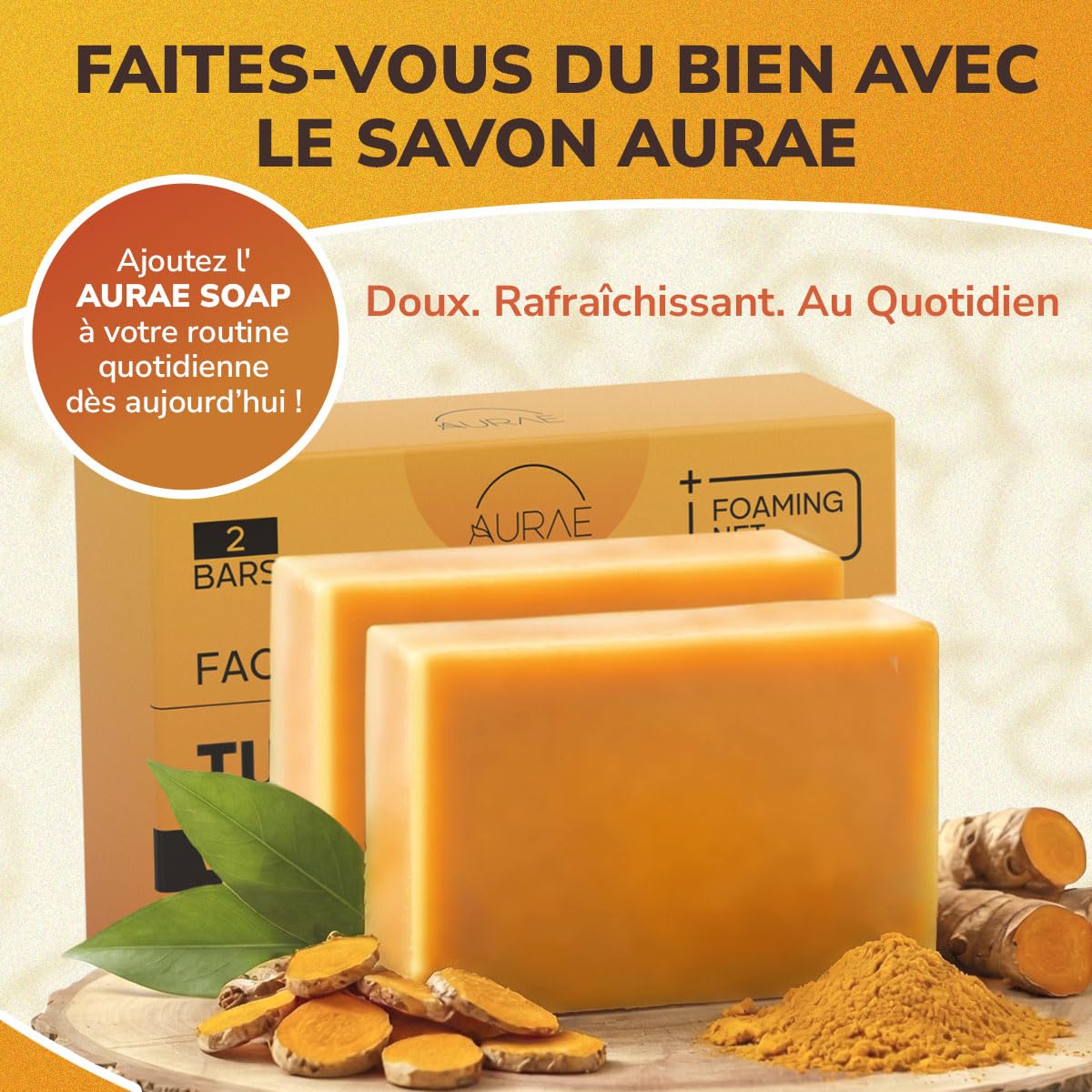 Savon Curcuma Visage contre les Taches, Éclaircissant & Hydratant, Doux Visage & Corps, Vit. C, Rétinol, Ac. Hyaluronique, Beurre de Karité, Huile Olive & Vit. E, Sans Parabènes & SLS(100g x 2 Savons)