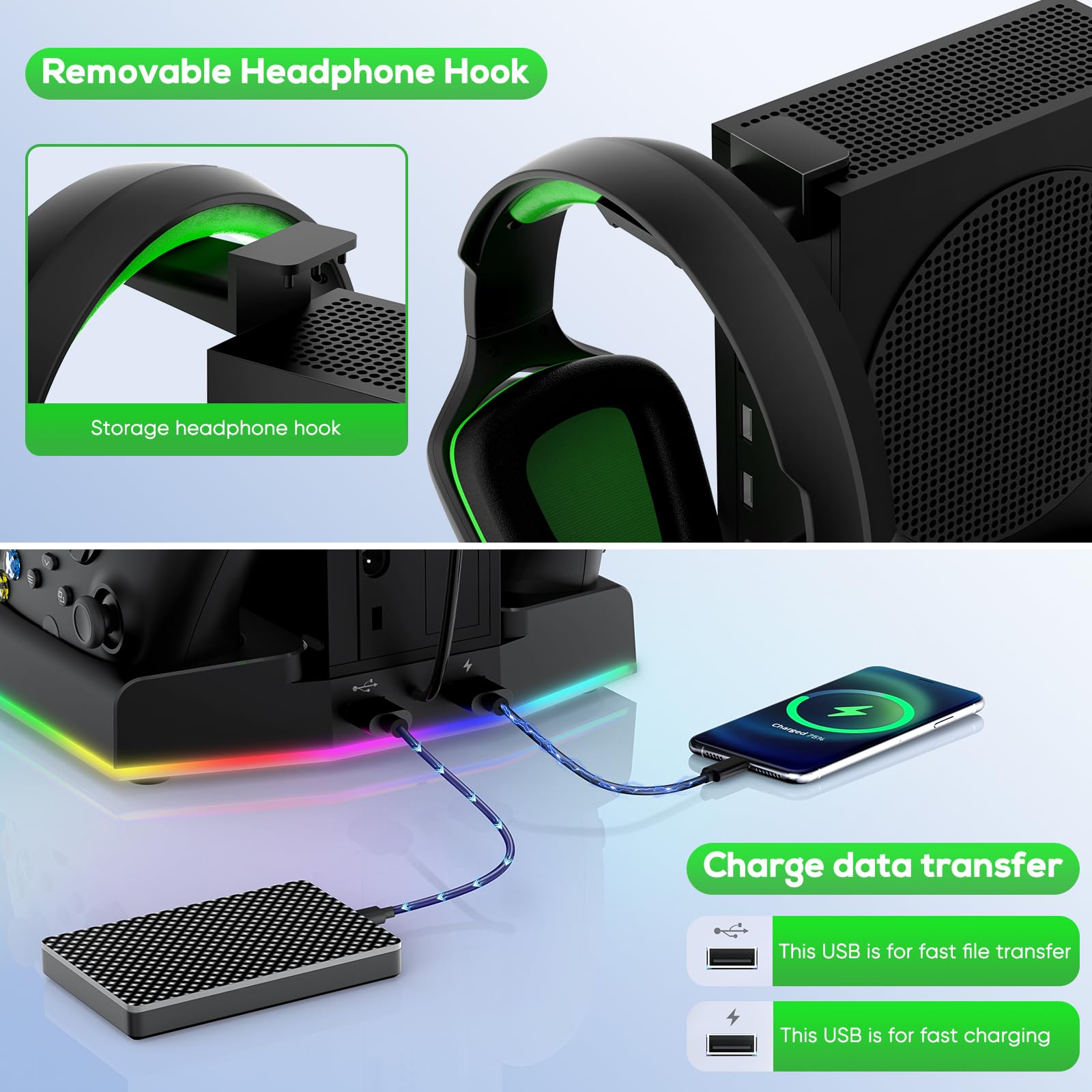 FYOUNG Supporto verticale per caricabatterie e stazione di raffreddamento per Xbox Series S, dock di ricarica controller di aggiornamento con luce 15 RGB, sistema di ventola di raffreddamento, 2