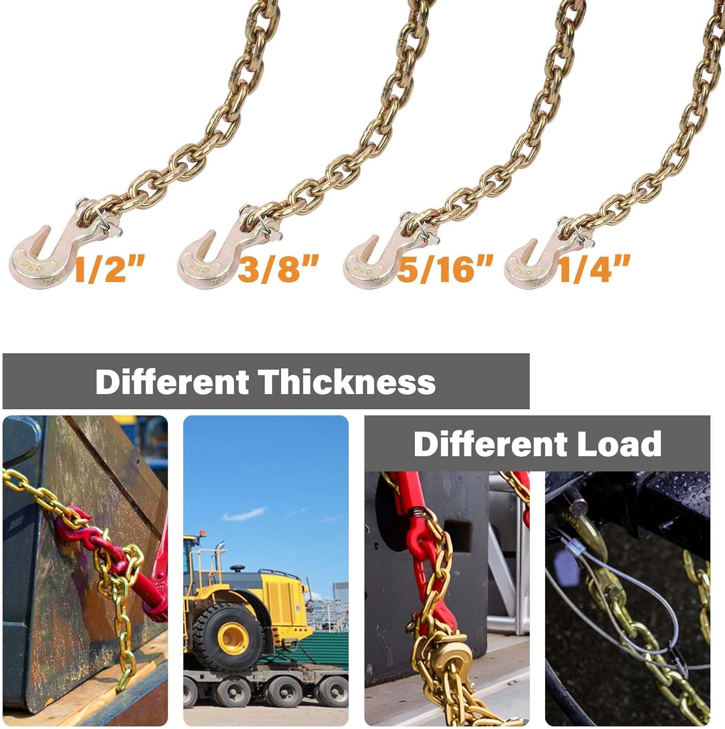 2 Pack G80 Trailer Safety Chain 5/16In x 10Ft, 5/16" Tow Chains with 5/16" G80 Grab Hook, Transport Binder Chain Heavy Duty for 5/16" - 3/8" Ratchet Binder, 4,900 lbs Working Load Limit - Image 7