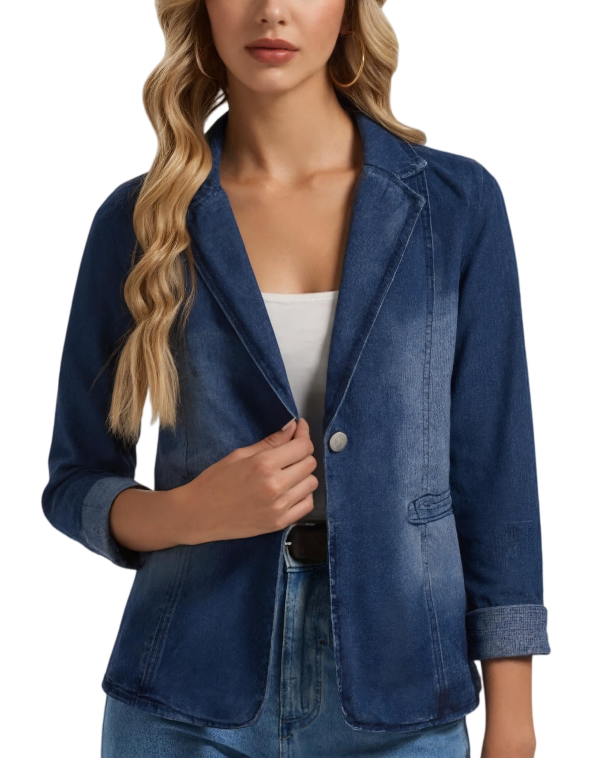 Blazer da donna in denim classico con risvolto tacca un bottone manica lunga slim ufficio denim giacca di jeans