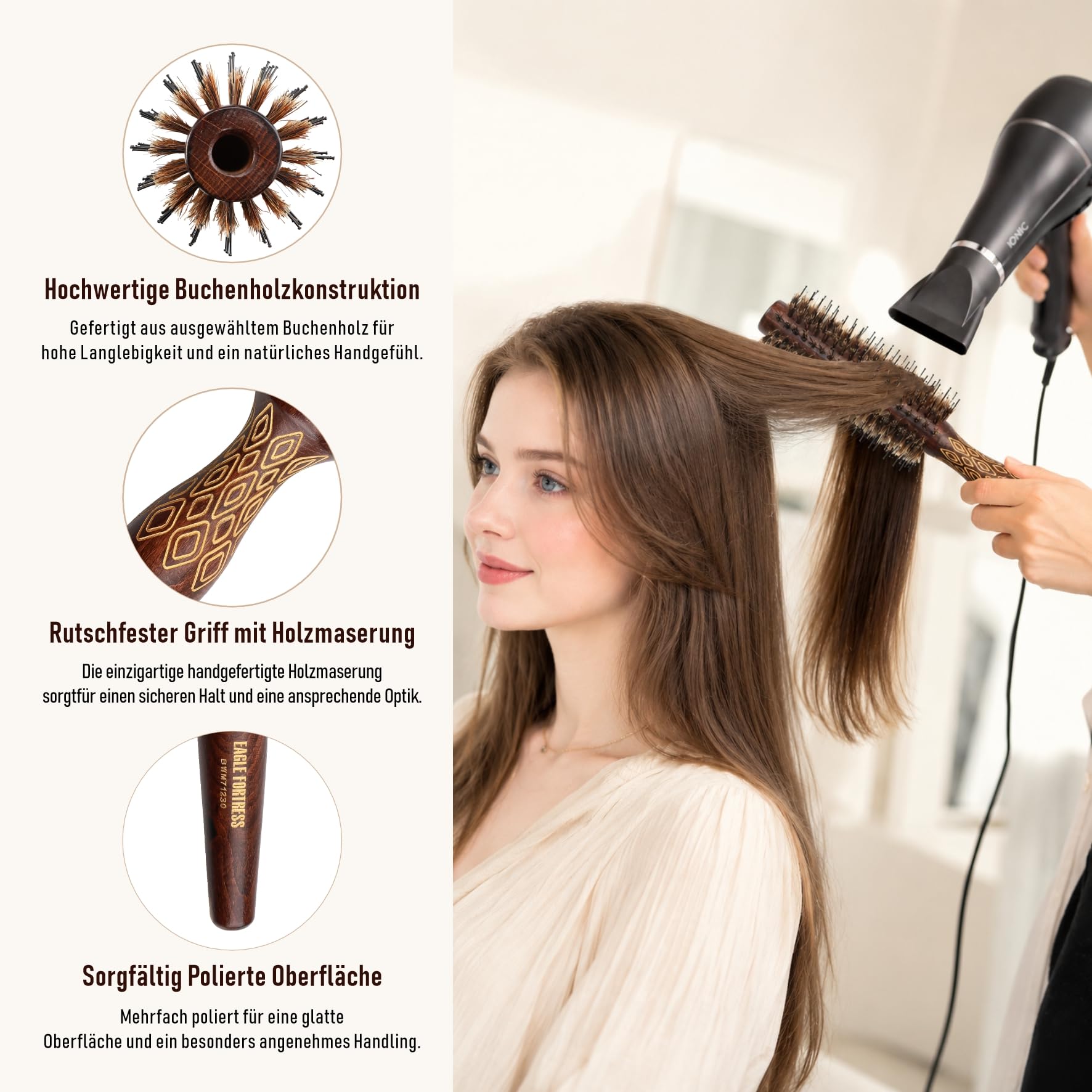 EAGLE FORTRESS Spazzola rotonda per asciugacapelli con setole di cinghiale e setole in nylon, spazzola per capelli, per volume, lisciare, arricciare e lucidare, manico in legno, per uomo e donna