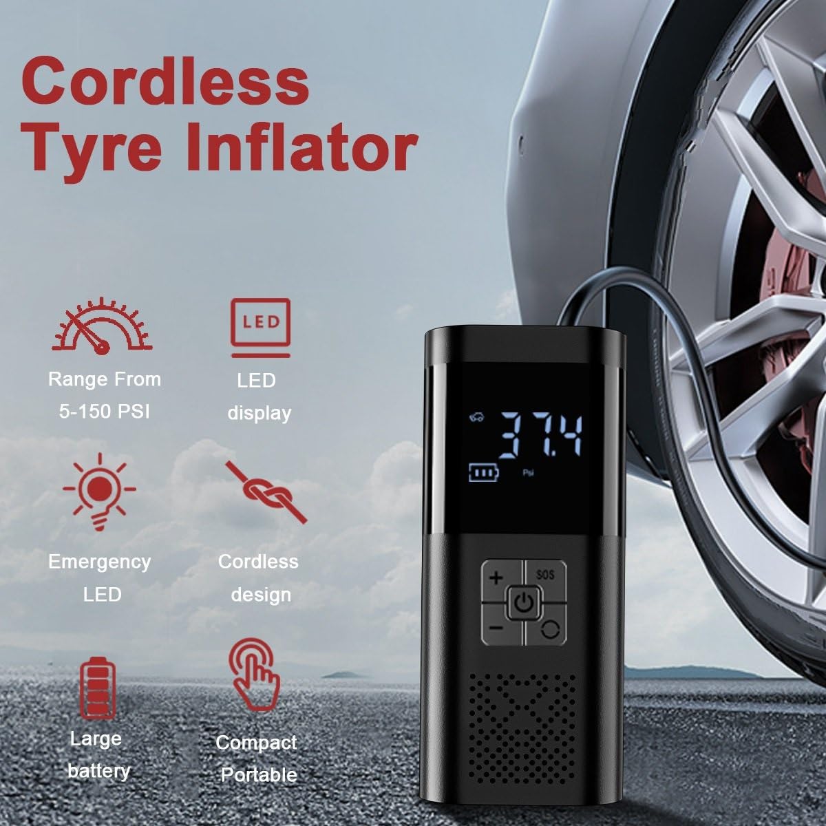 Pompe à Air de Voiture sans Fil Portable gonfleur de Pneu gonfleur de Pneu 12V compresseur d'air de Voiture avec manomètre