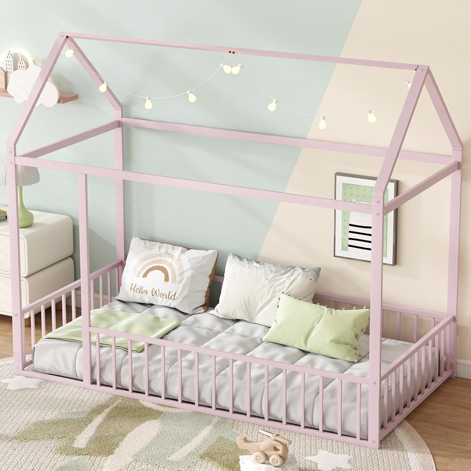 Bellemave Full Floor Bed Frame, Metal Montessori Floor Bed Full with Fence for Boys Girls Bedroom Playhouse for Kids No Slat, Easy Assembly House Shaped Floor Beds Pink