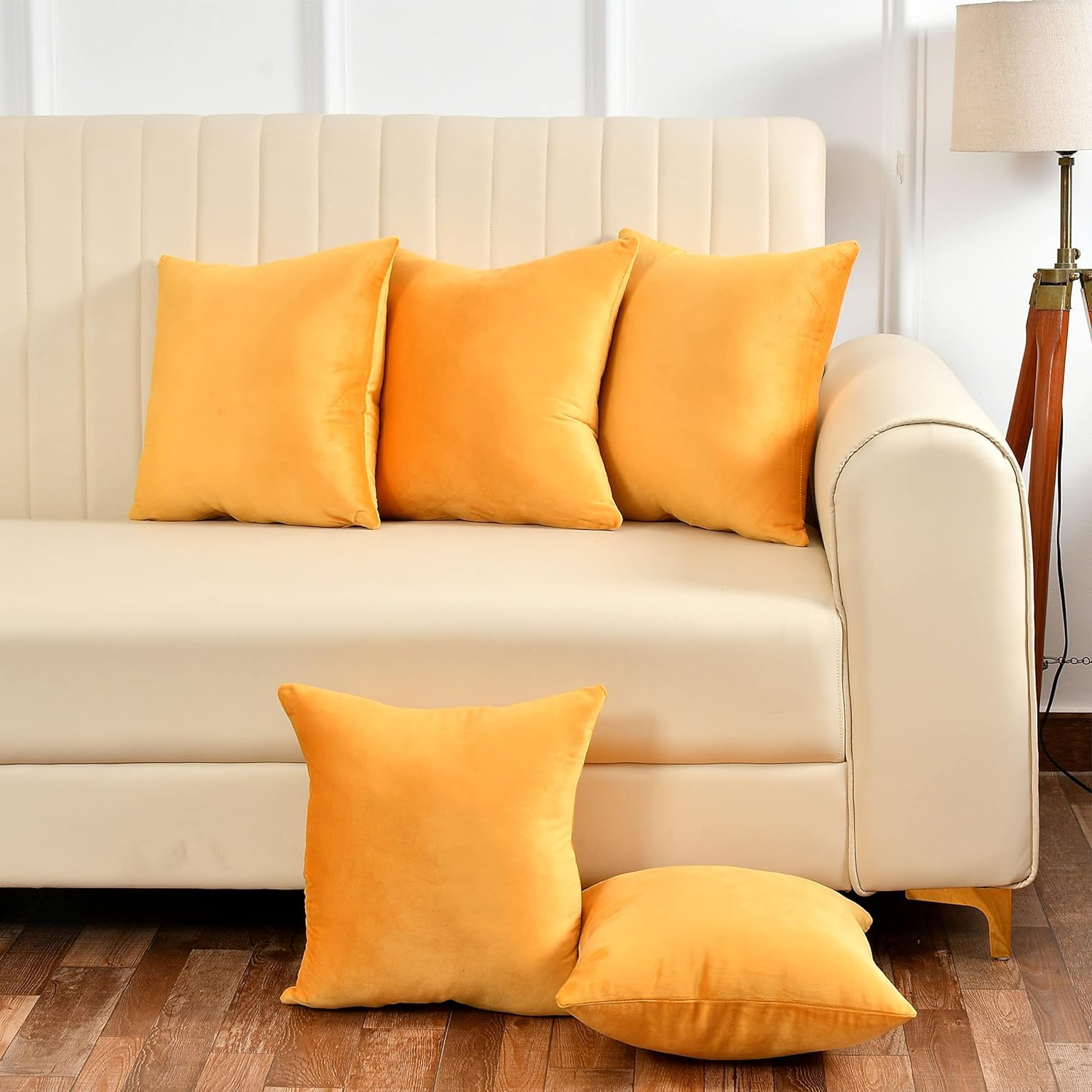 Velvet Soft Washable Cushion Cover for Sofa Couch Bed Chair in Yellow 14x14 Pack of 5-image-27
