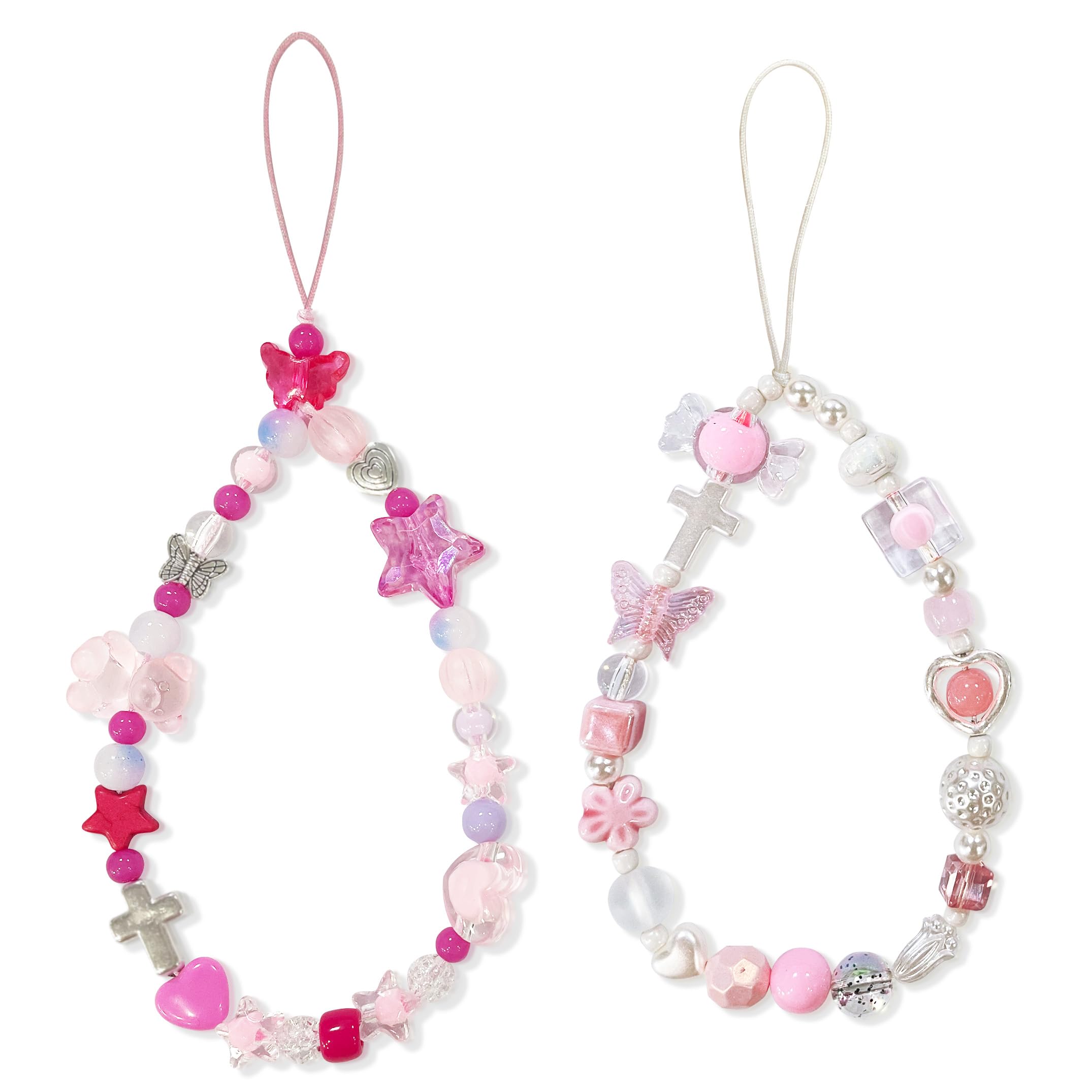 SZXYCZL 2PCS Beaded Phone Charms Y2K Beaded Phone Lanyard Cute Cool Girl Metal Crucifix Butterfly Pentagram Beaded Anti Lost Phone Chain Strap for Women Girls-Hot Pink+Light Pink