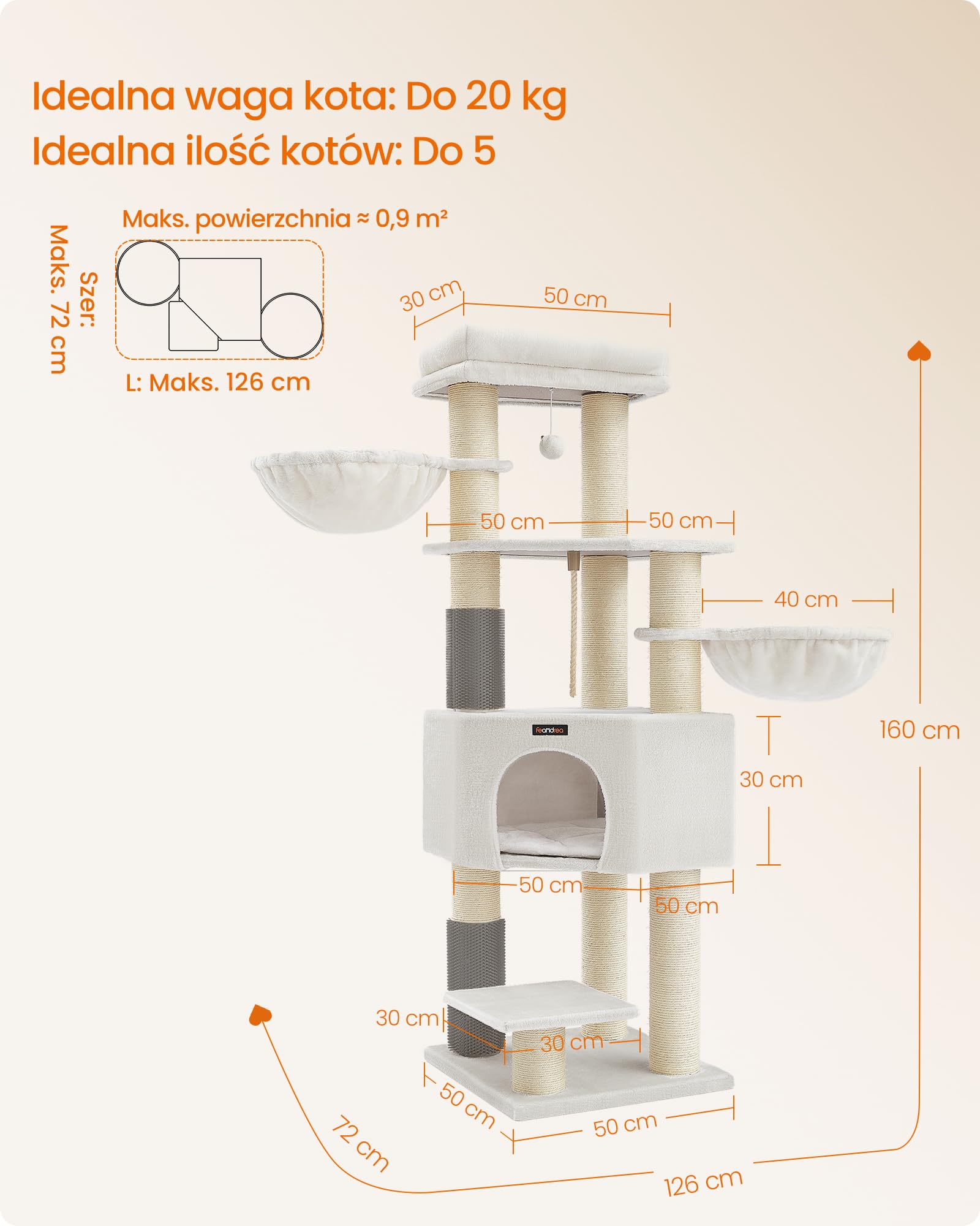Feandrea Drzewko dla kota z ciepłymi kocami, dla dużych kotów, 2 szczotki kotów, grubość pnia 11,1 cm, duże platformy, jaskinia, 50 x 50 x 160 cm, kremowo-biało-beżowy PCT003W02