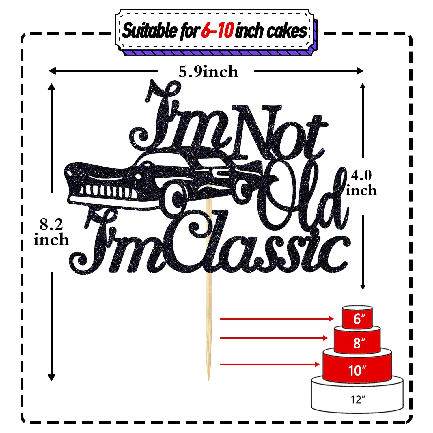 I'm Not Old I'm Classic Cake Topper, Vintage Car Birthday Cake Décor,Funny 30th/40th/50th/60th/70th Birthday Party Decoration Supplies for Man, Black Glitter