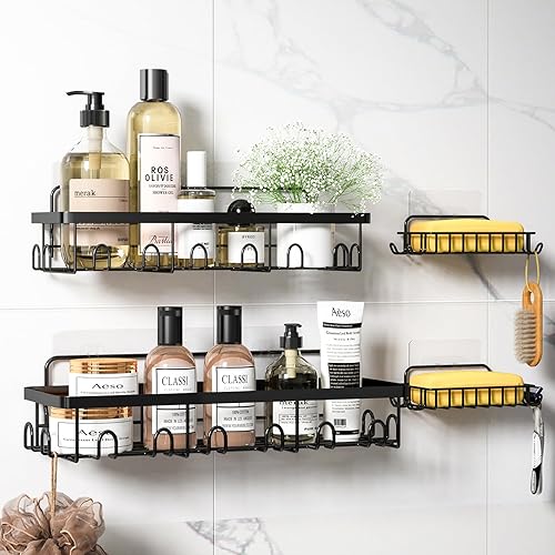 RNIDUTA Cesta de ducha con soporte para jabón, paquete de 4 organizadores de ducha adhesivos, estante de ducha de acero inoxidable para ducha