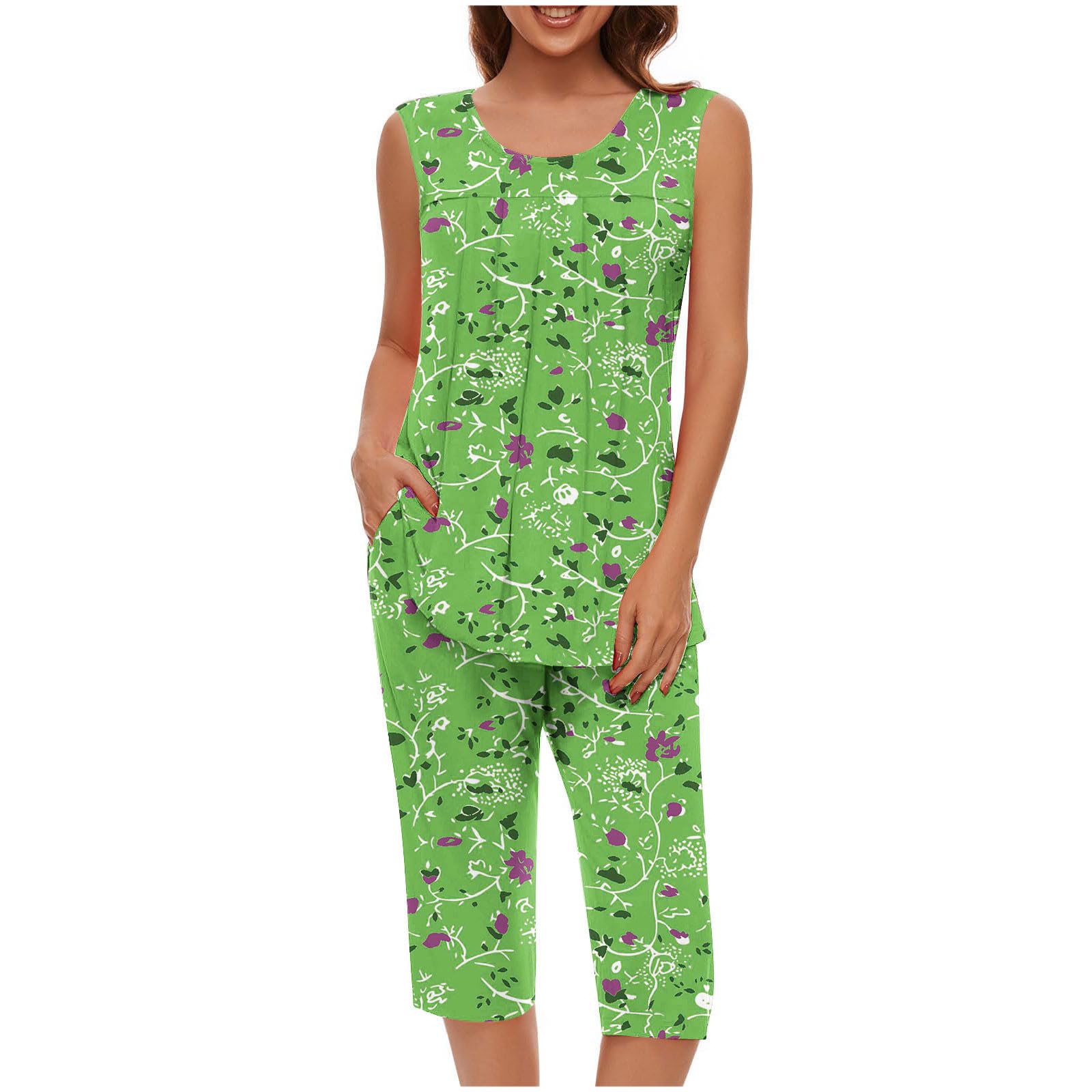 Pajama Sets for Women Summer Plus Size Lounge Sleepwear Loose Sleeveless Tops Printed Bermuda Shorts with Pockets — view 28