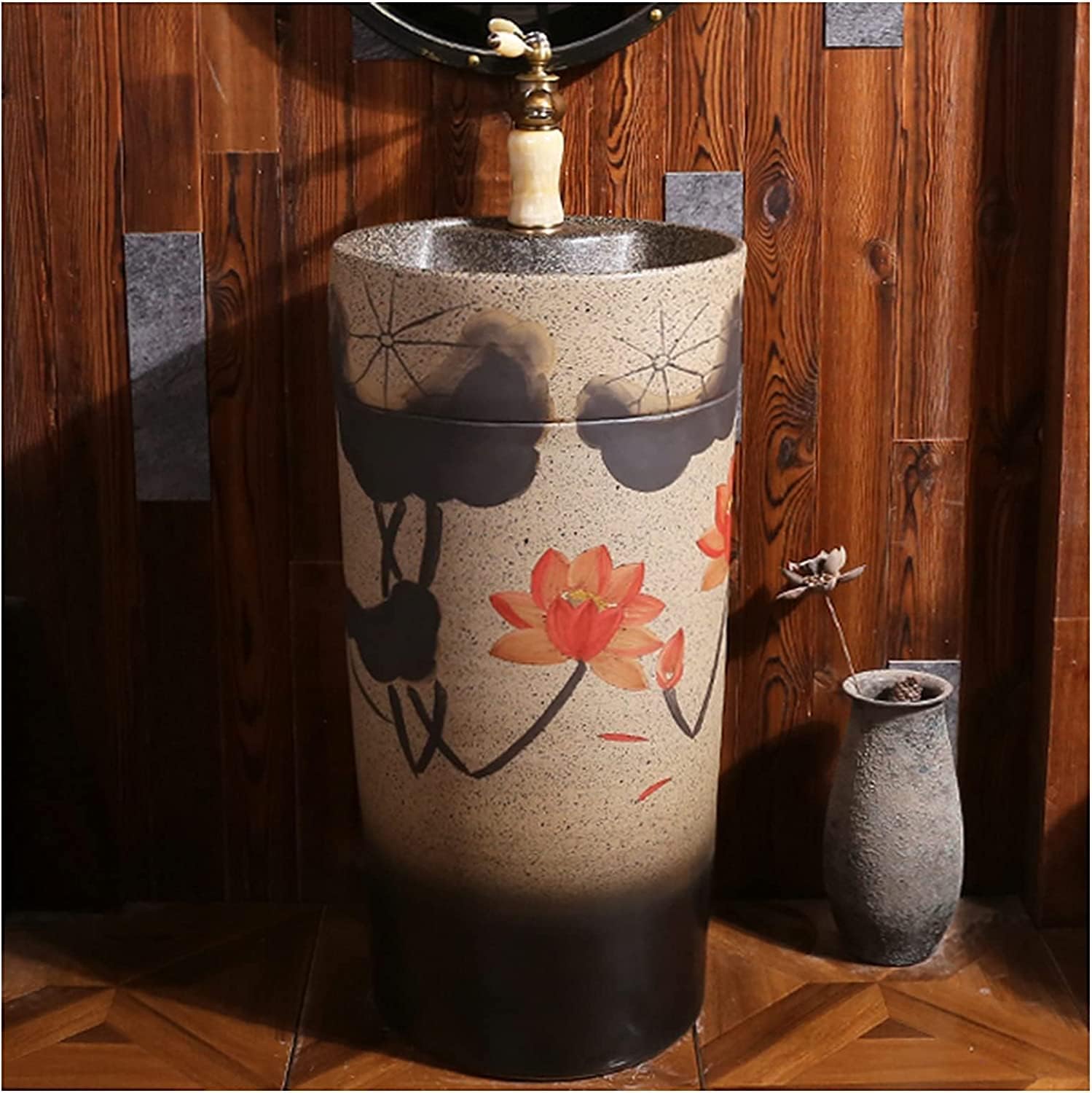 Art Bathroom Basin Sink with Full Pedestal Modern Ceramic Bathroom Basin Sink with Full Pedestal and One Tap Hole Round Freestanding (P Without Mirror)