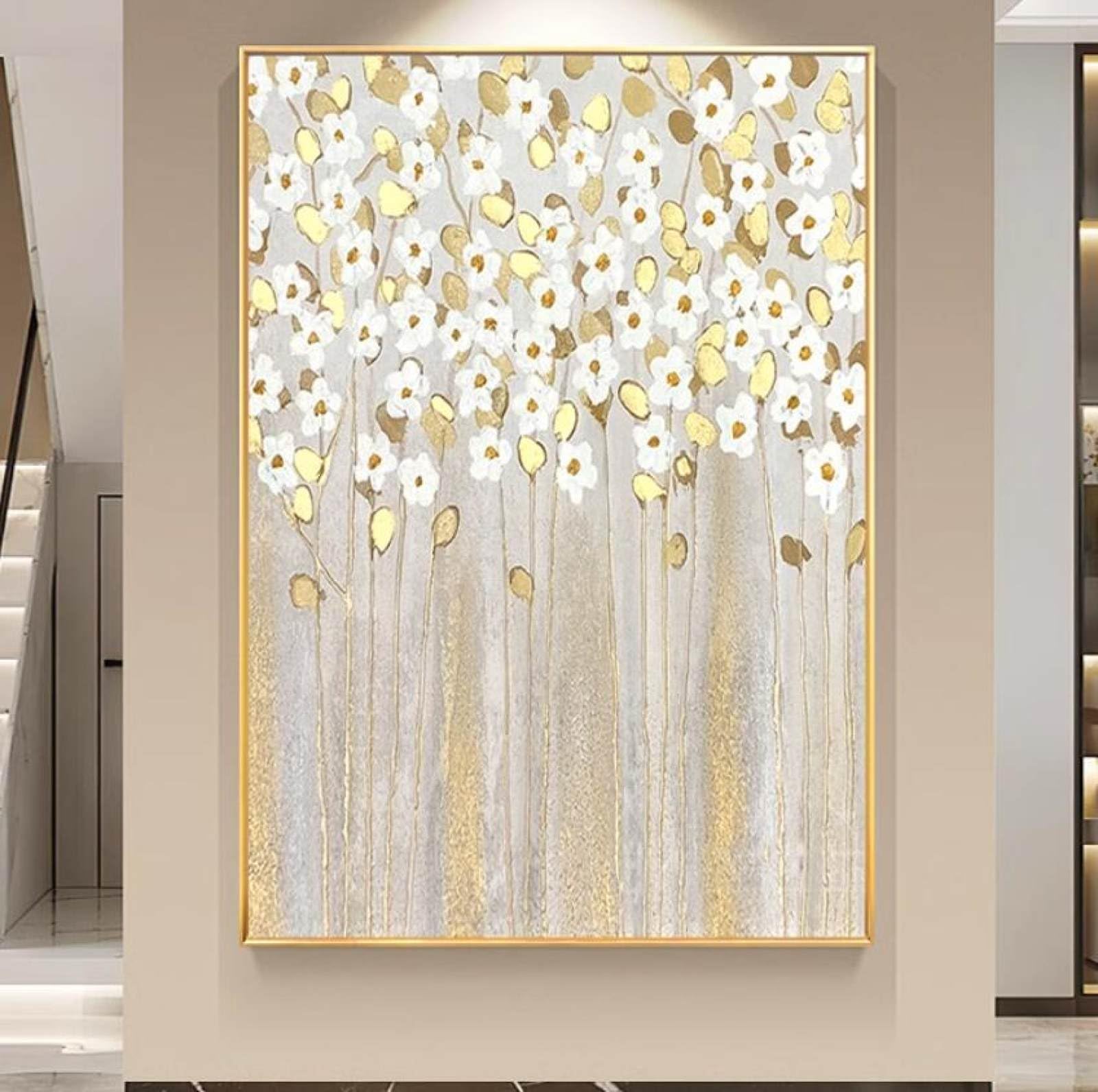 Peinture à l'huile sans cadre abstraite grand format toile fleurs feuille d'or