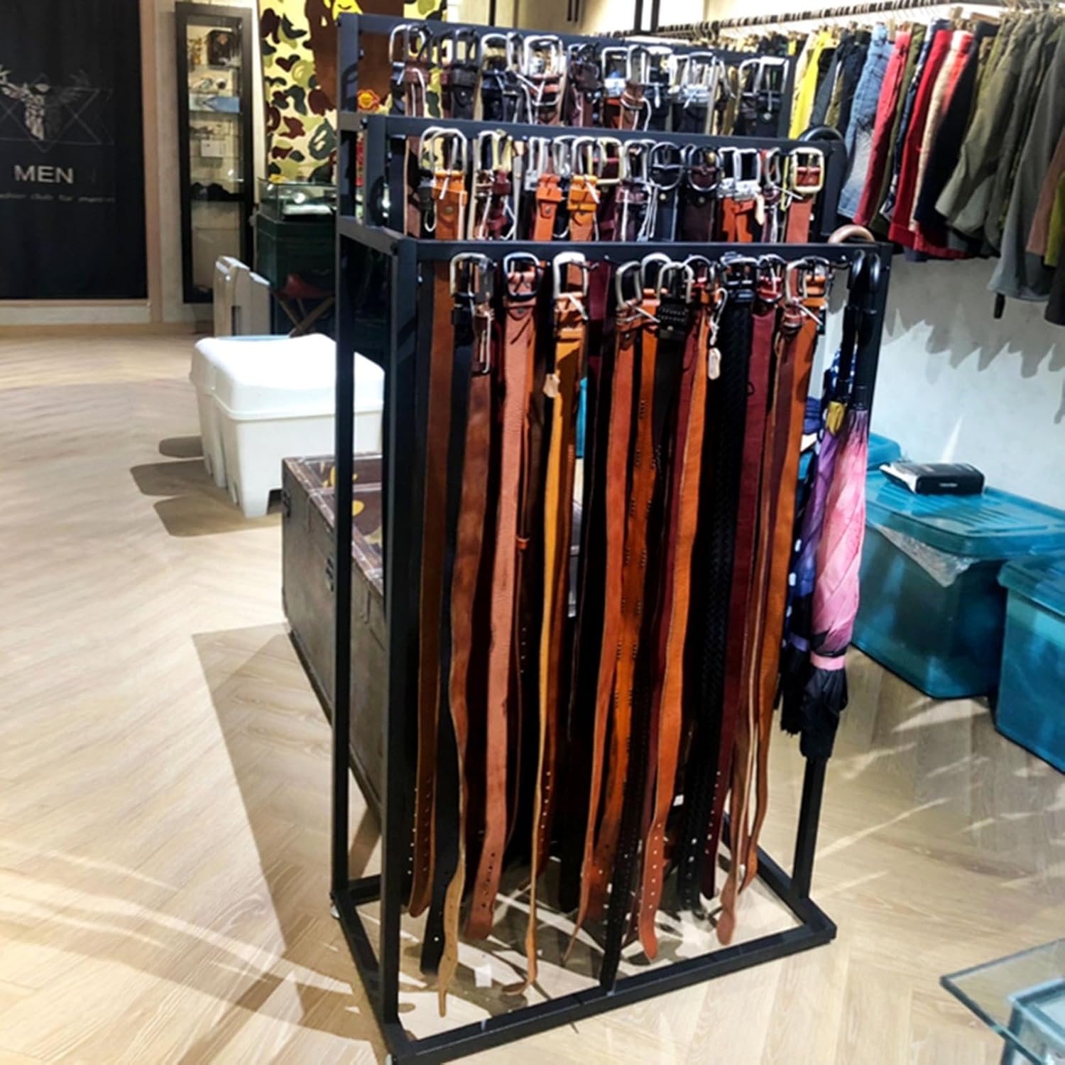 Floor Mounted Belt Hanger Belt Display Rack, Metal Retail Belt Holder Tie Rack Scarf Stand Shawls Purse Shelf, Men's Closet Belt Storage Organizer with Hooks, Commercial Handbag Umbrella She