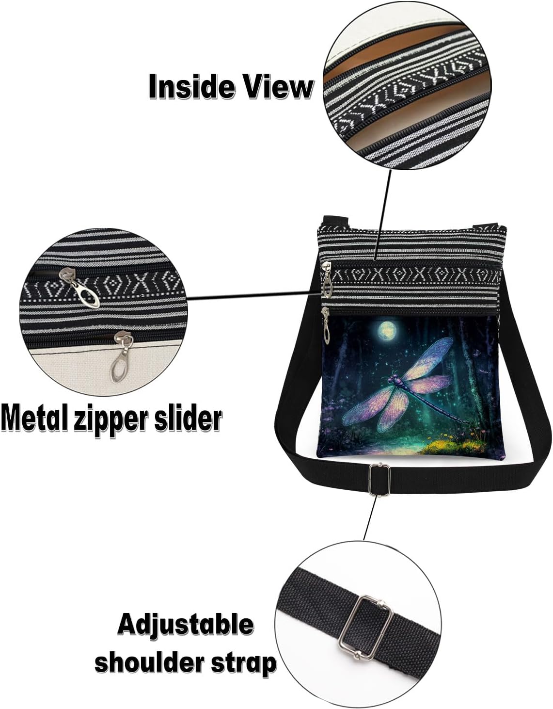 Purple Dragonfly Night Crossbody Bag Moon Dragonfly Print Nature Lovers Messenger Bag Travel Adjustable Strap Wallet Nice Birthday Gift or Christmas Present​​ for Friend