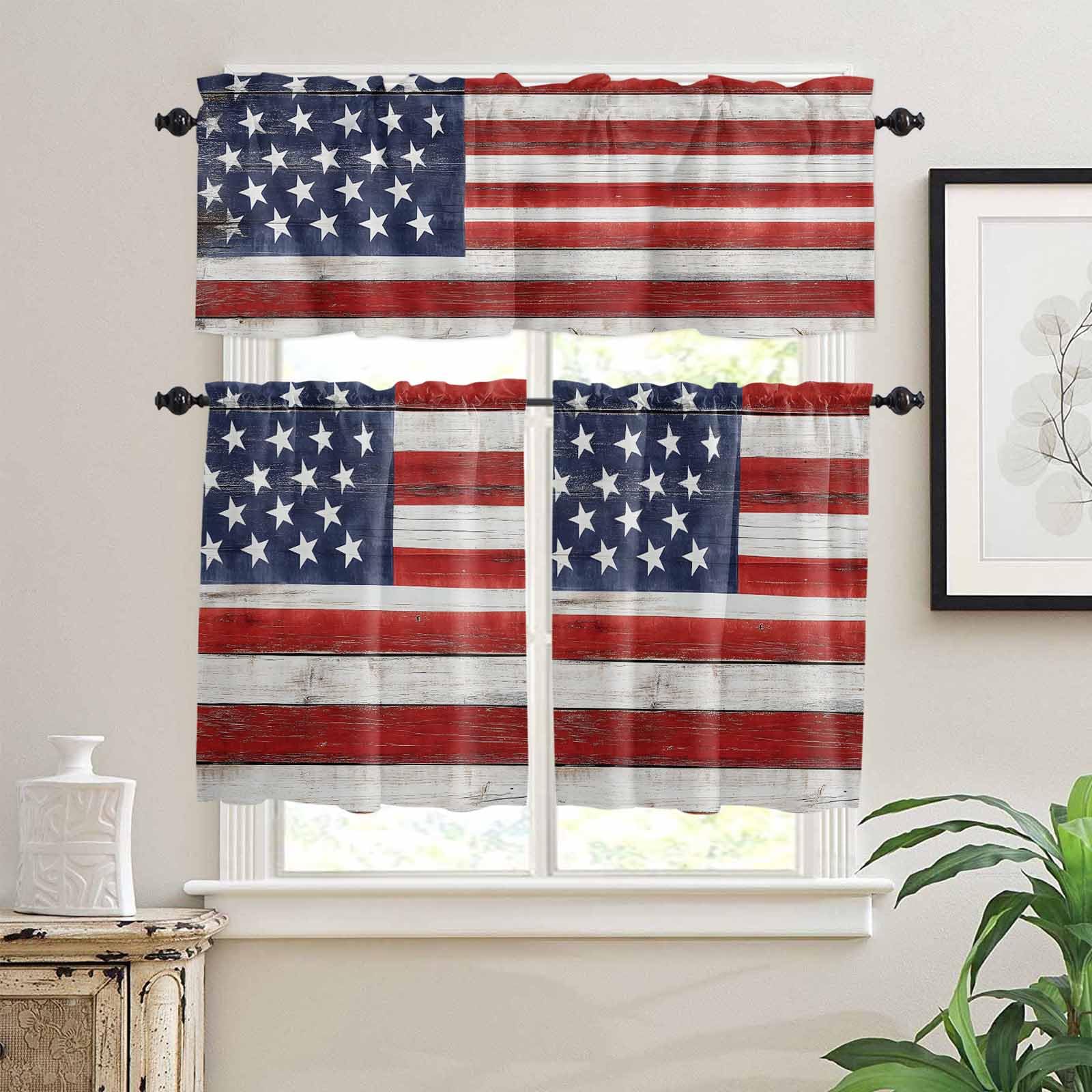 Navy Blue American Flag Kitchen Curtains 24 Inch Length, 3 Piece Rod Pocket Small Half Tiers and Valance Set, Red US Flag Wooden Vintage Small Large Window Treatment Decor for Bedroom/Bathroom Sink
