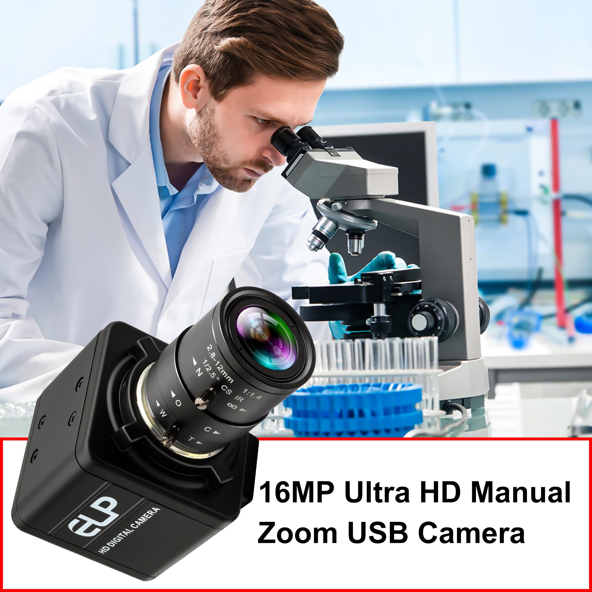 ELP Cámara USB HD de 16 MP, 2,8 – 12 mm, zoom óptico manual de 4 aumentos, lente de montaje CS, alta resolución para Lightburn OpenCV Live Streaming y microscopio USB Plug & Play para Windows, Linux y