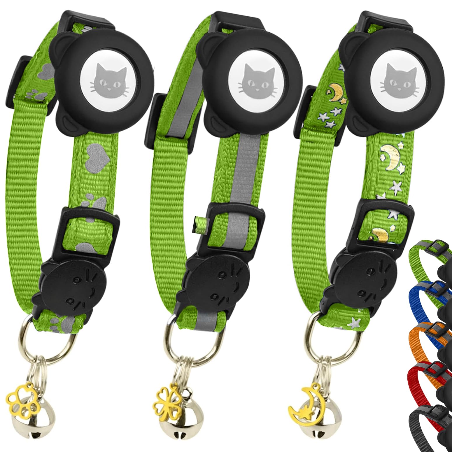 Cat Collar with AirTag Holders, 3-Pack, Reflective Breakaway Safety Collars, Bells and Matching Charms, Adjustable, Paw Hearts, Moon Stars Design, Lucky Charm, Red, Blue, Black (Green)