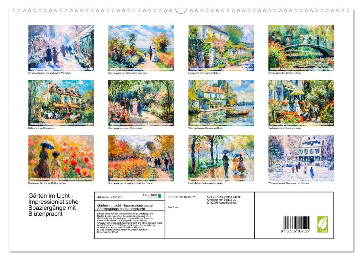 CALVENDO - Gärten im Licht - Impressionistische Spaziergänge mit Blütenpracht (hochwertiger Premium Wandkalender 2027 DIN A2 quer), Kunstdruck in Hochglanz: Farbenfrohe Gartenwelten voller Romantik un