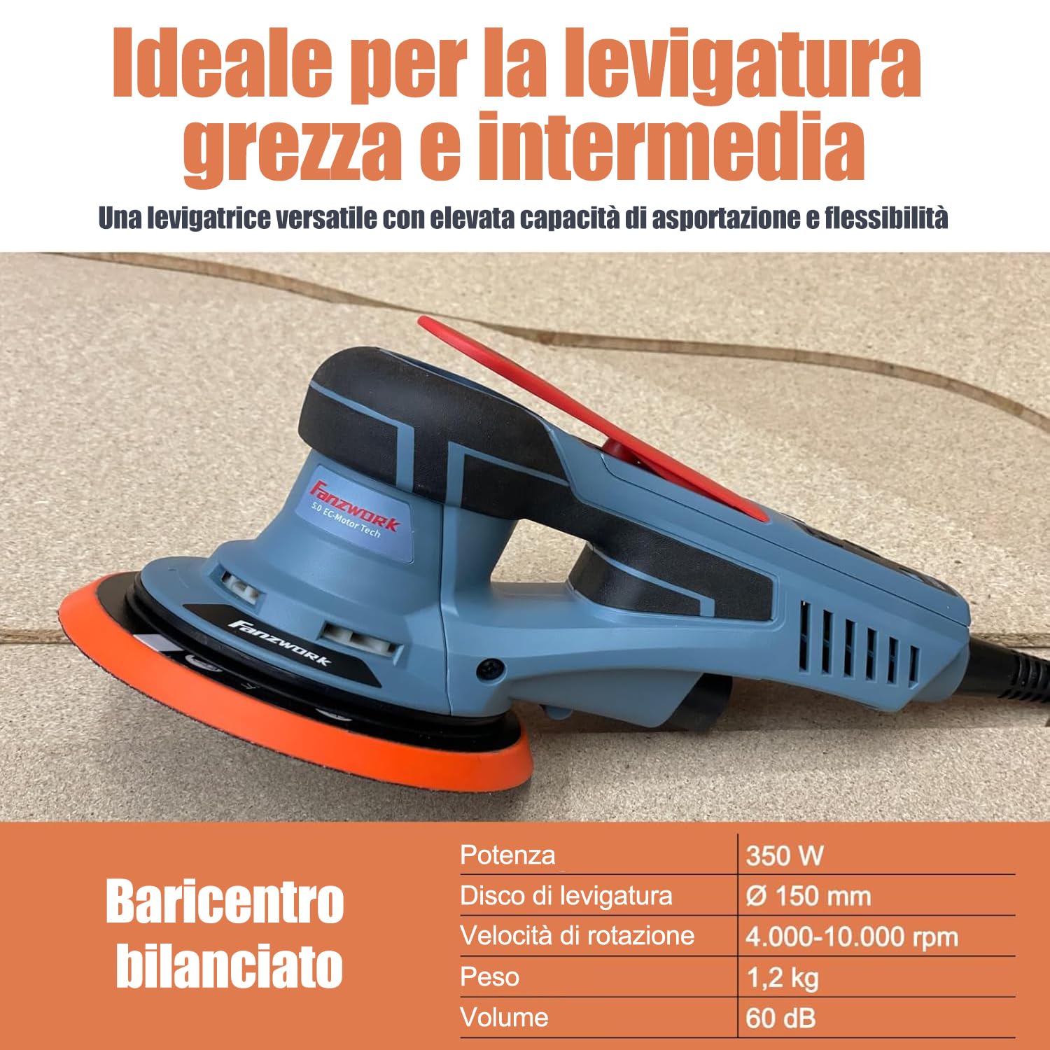 FANZTOOL Levigatrice Orbitale Senza Spazzole, 5,0 mm Levigatrice Rrotorbitale, 350W Casuale Brushless, 7 Velocità, 18 Dischi Abrasivi a Rete,Platorello 150 mm, Valigetta.Ideale per la Levigatura