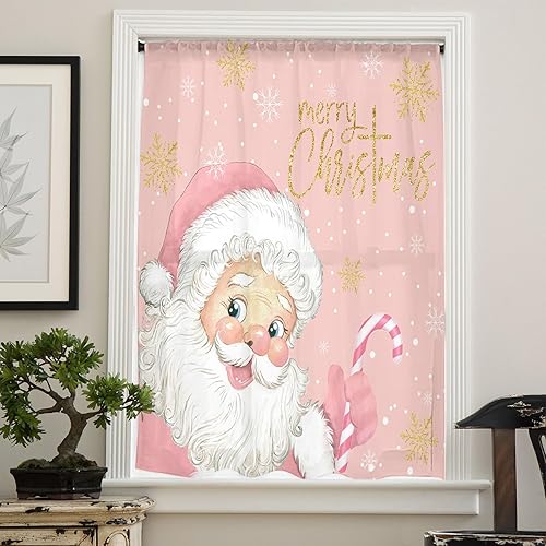 Miniatura 4 de Cortinas transparentes de Papá Noel de 84 pulgadas de largo, cortina de Navidad rosa para cocina, cortina para sala de estar, dormitorio, bolsillo