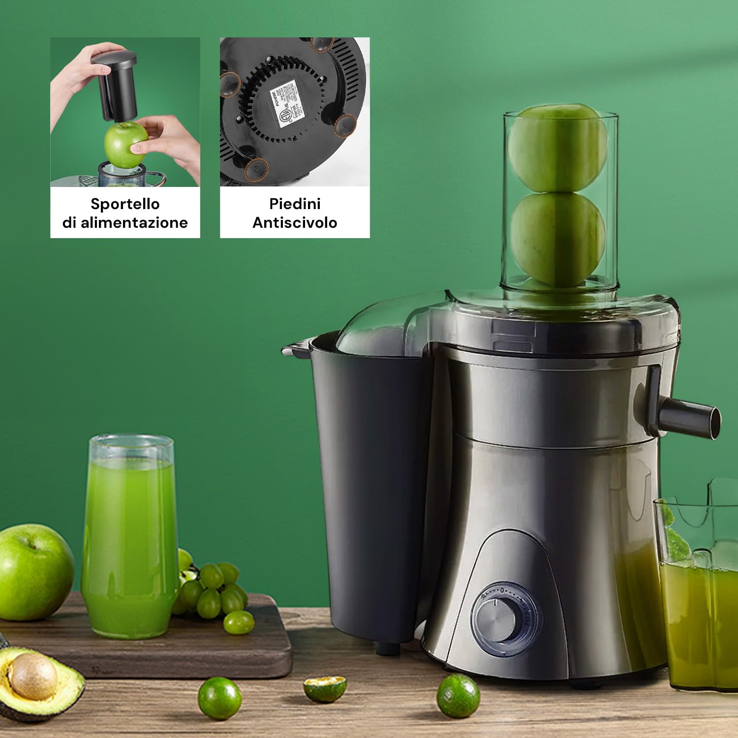 Avilia Estrattore Elettrico 800W con 2 Velocità e Modalità Turbo - Potente e Versatile per Succhi Freschi | Incluse Caraffe da 500ml e 1,5L Contenitore Rifiuti 1.5L