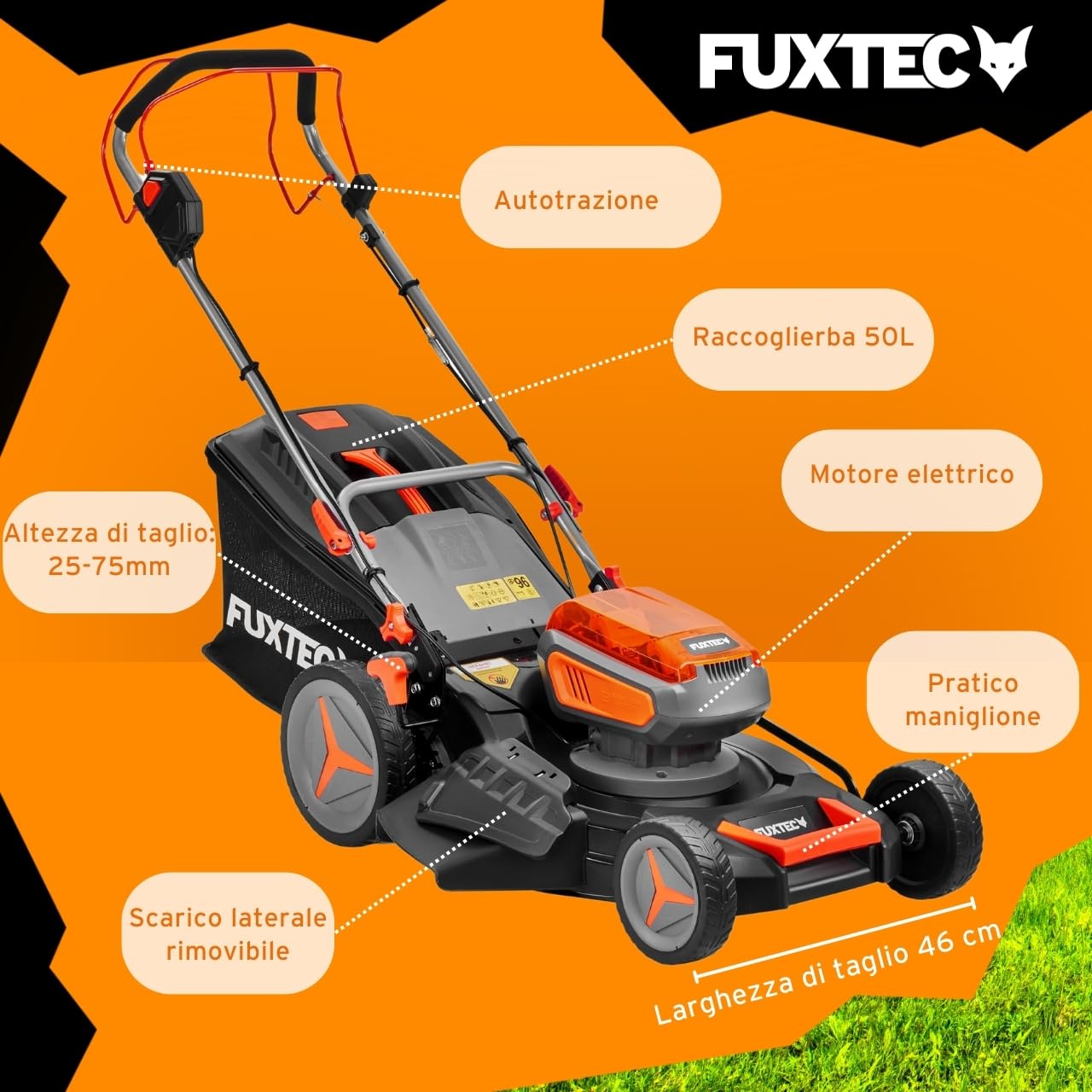 FUXTEC Tagliaerba a batteria 40V (2x20V) E2RM46 semovente, Mulching e Scarico Laterale - Set Batterie 2x4Ah e Caricabatterie - Larghezza di Taglio 46cm, 50L, Altezza di Taglio 25-75mm