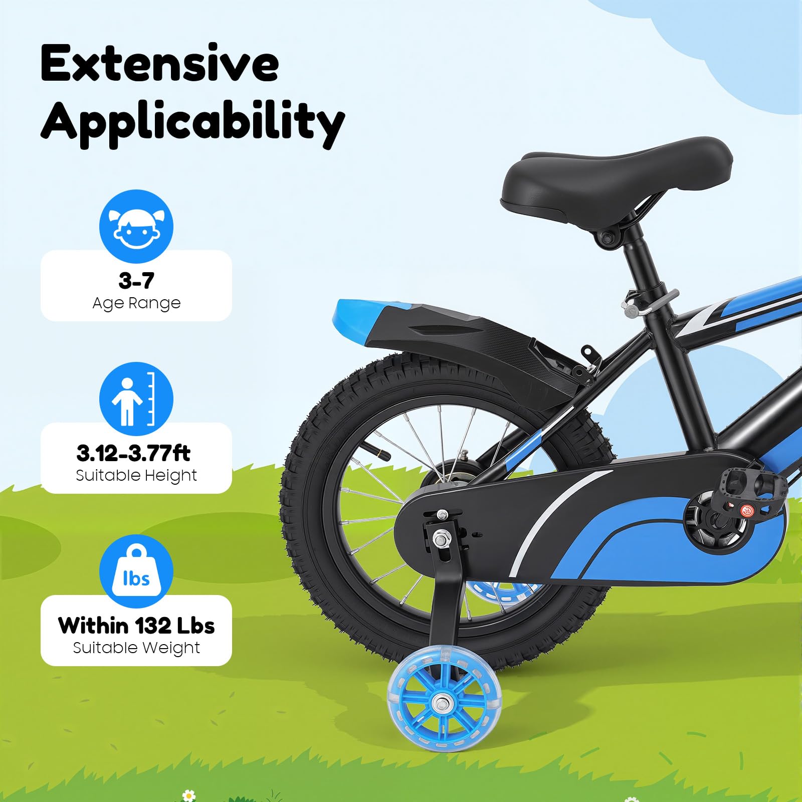 14-Zoll Kinderfahrrad für 3-7 Jährige, verstellbares Kinderfahrrad mit Stützrädern und Trinkflasche, 60 kg Tragkraft