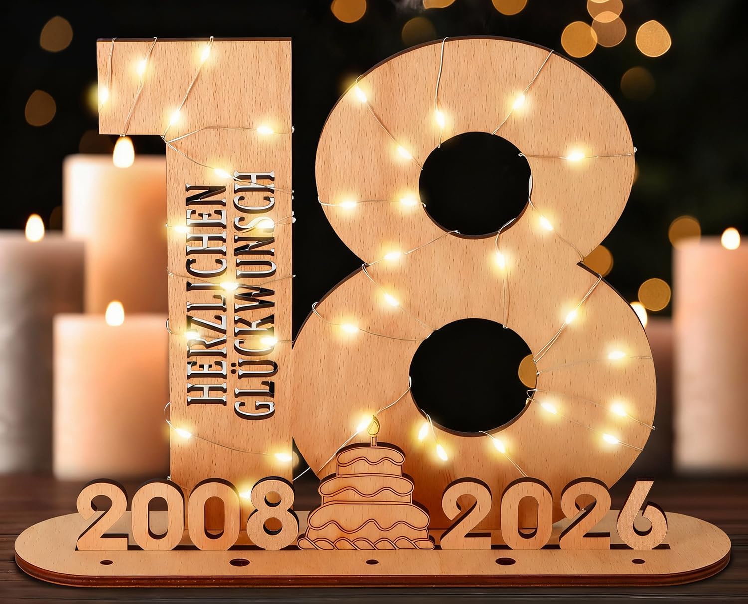 Giftota - 2026 Originelle 18 Geburtstag Geschenk Mädchen & Jungen - Geldgeschenke Geburtstag 18 mit LED Lichterkette Ständer - Holz-Schild Gästebuch - 18 Geburtstag Deko - Personalisierbares Geschenk