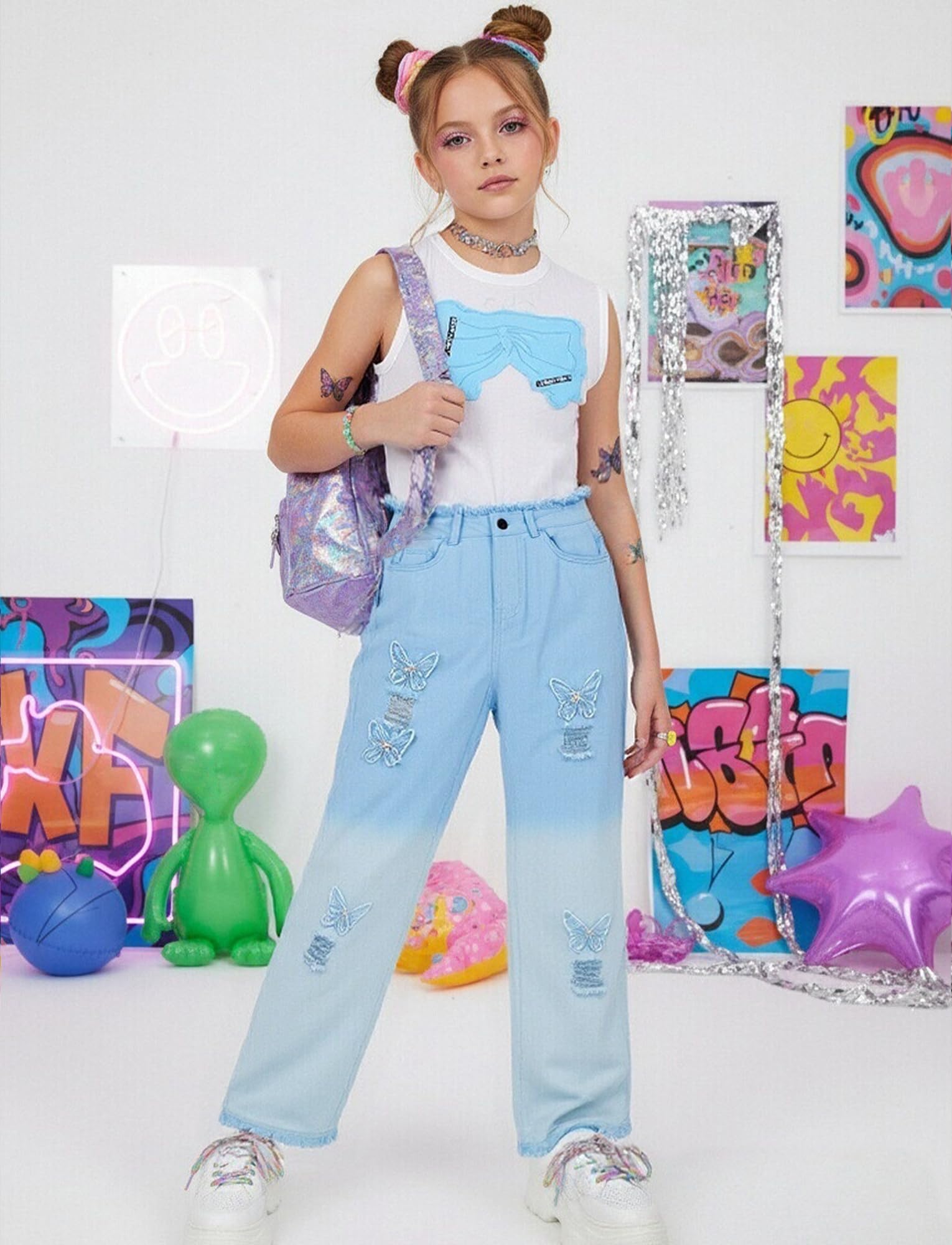 SEAUR Ensembles Fille Débardeur et Jean 2 Pièces Été Crop Tank Top et Pantalon Ensembles de Vêtements Enfant 110-160 CM (3-12 Ans)