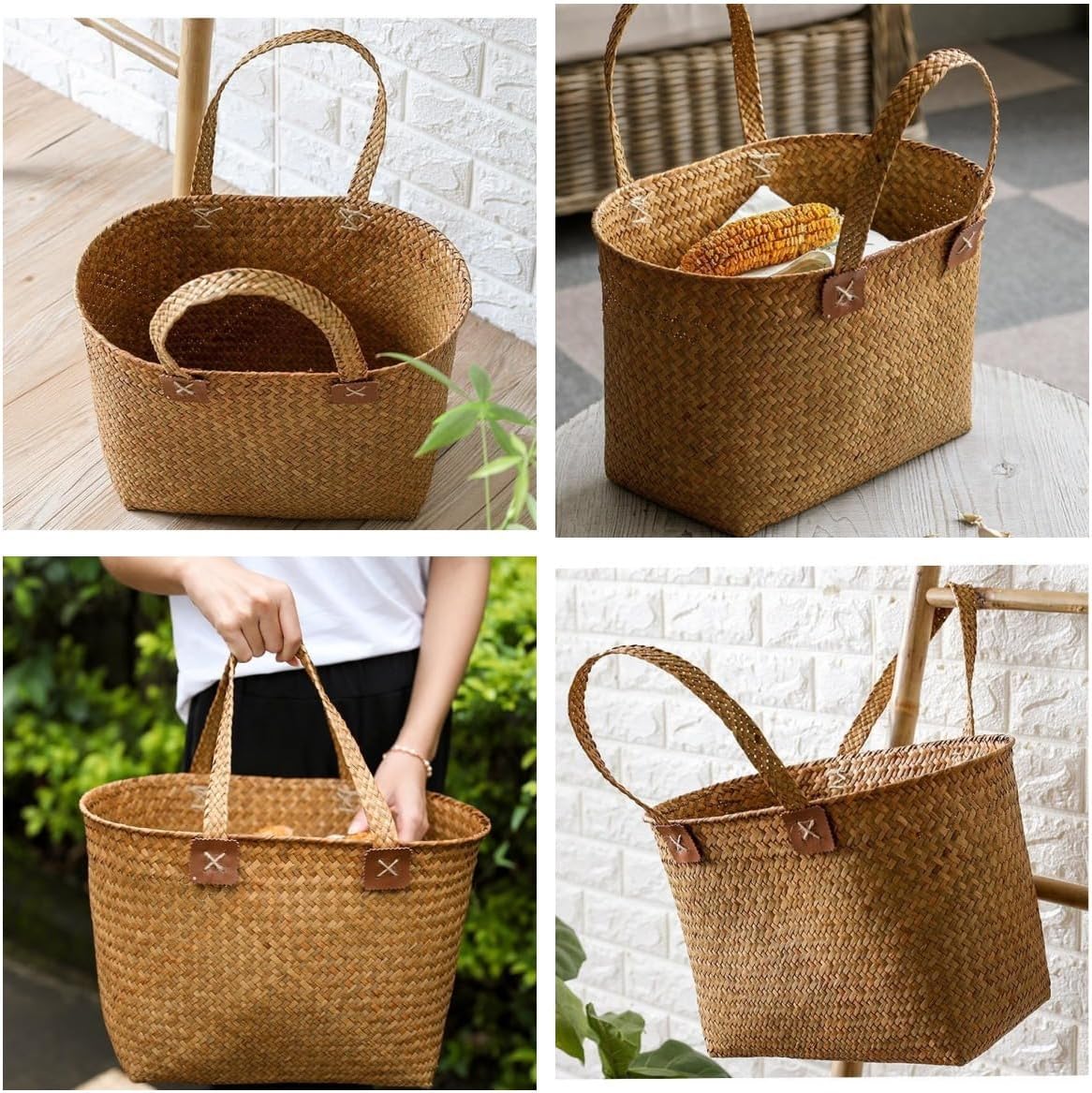 カゴバッグ ランチ・ピクニック用 天然藤編み 収納バスケット 手提げ軽量 大容量 多用途 買い物かご 果物収納 茶道具・小物整理に最