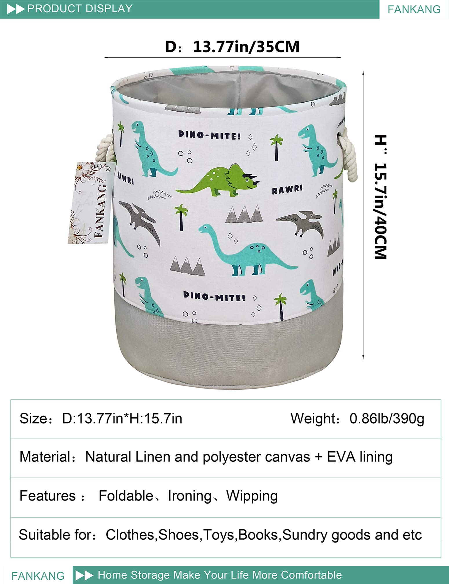 FANKANG Storage Baskets,Collapsible Convenient Nursery Hamper/Laundry Bin/Toy Collection Organizer for Kid's Room?grey-dinosaur ?