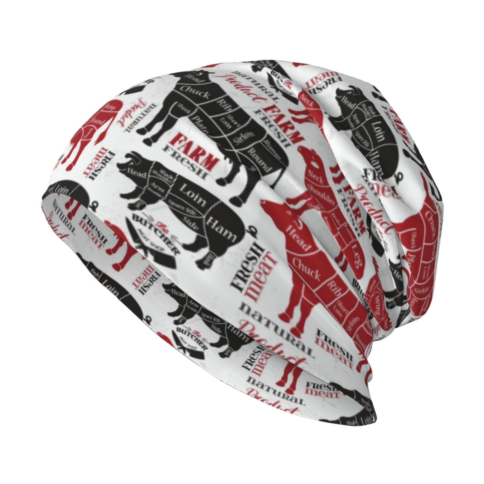 Poadnly Meat Cuts Diagrams Butcher Shop,Skull Cap Knitted Hat Polyester Balaclava Slouchy Beanie Hat Running Hat