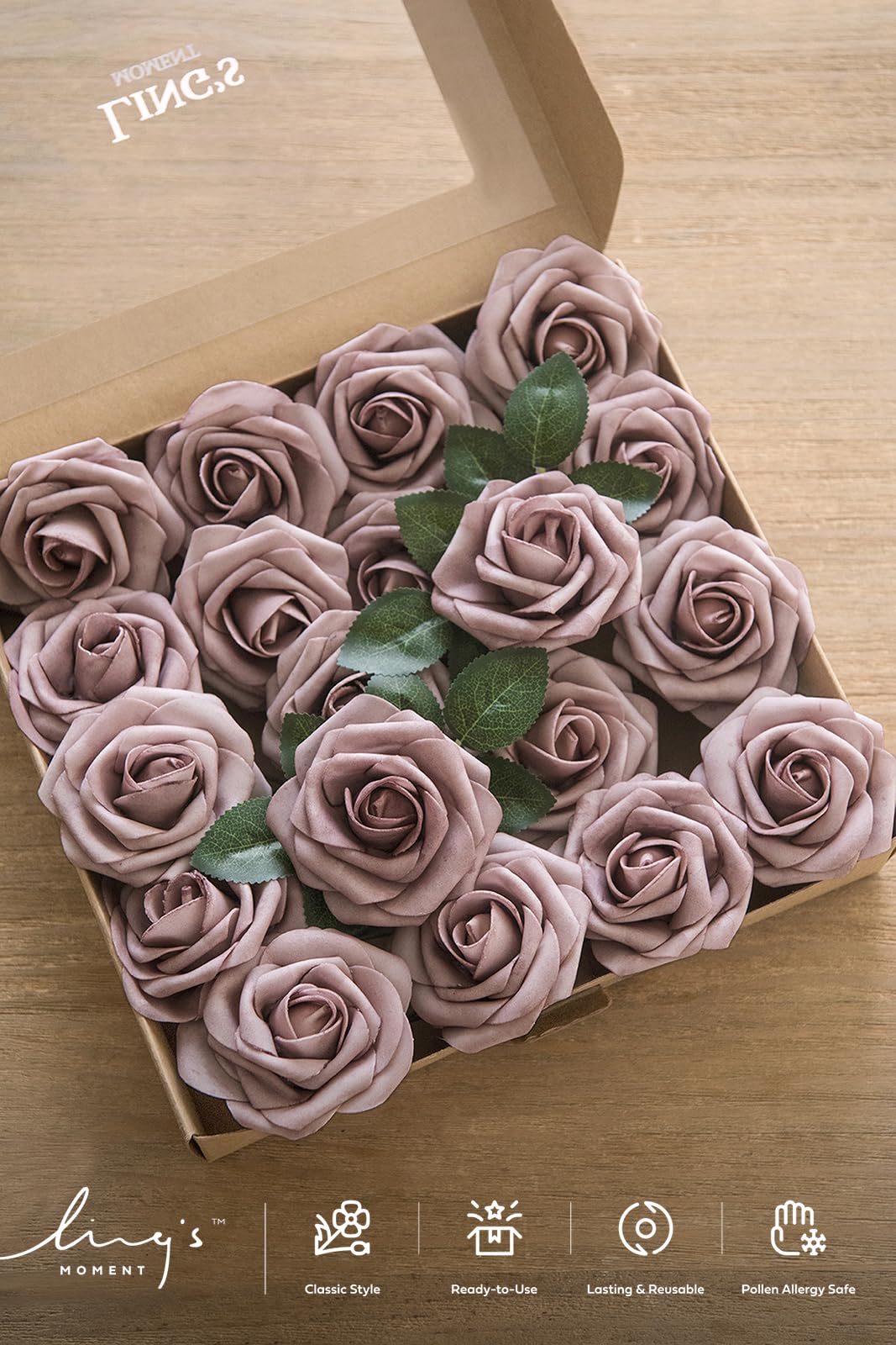 Ling's Moment Flores artificiales, 50 rosas polvorientas, decoración con tallos, 7.62 cm de espuma de tacto real para ramo de boda, centros de mesa, telón de fondo de fiesta al aire libre,