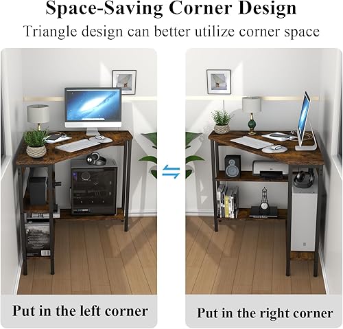 Miniatura 6 de Auromie Corner Desk with Outlets & USB Ports, 90 Degree Triangle Corner Table with CPU Stand & Storage Shelves for Small Space, Computer Table with