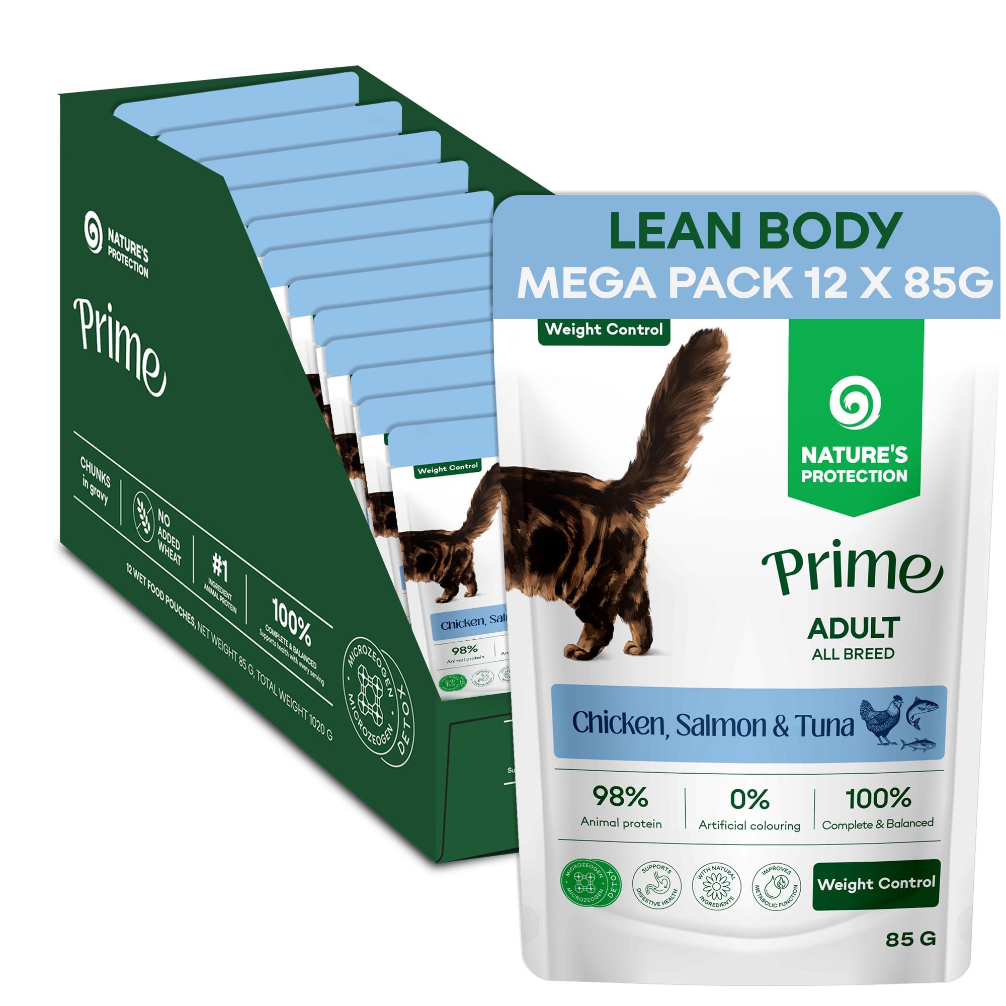Nature’s Protection Prime Wet Cat Food Pouches for Adult Cats, Hypoallergenic Cat Food in Gravy with Chicken, Salmon and Tuna, Weight Control and Muscle Function Support, 12 x 85g