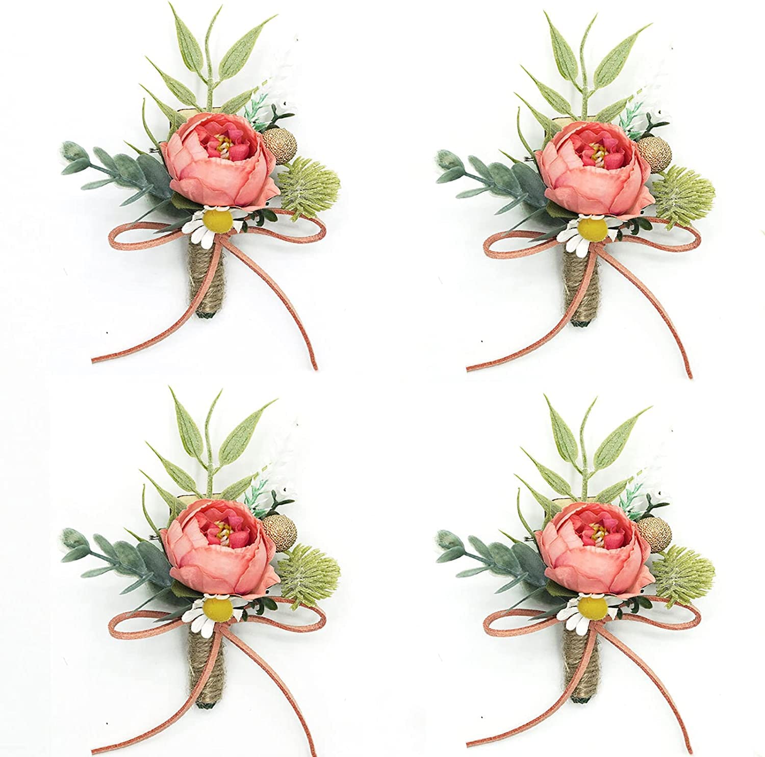 Set Corpetto Da Polso E Fiore All'Occhiello Finti – Peonia Rosa Fatto A Mano – Per Matrimonio E Sposi - 3